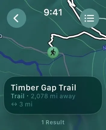 Map showing Timber Gap Trail location and distance.