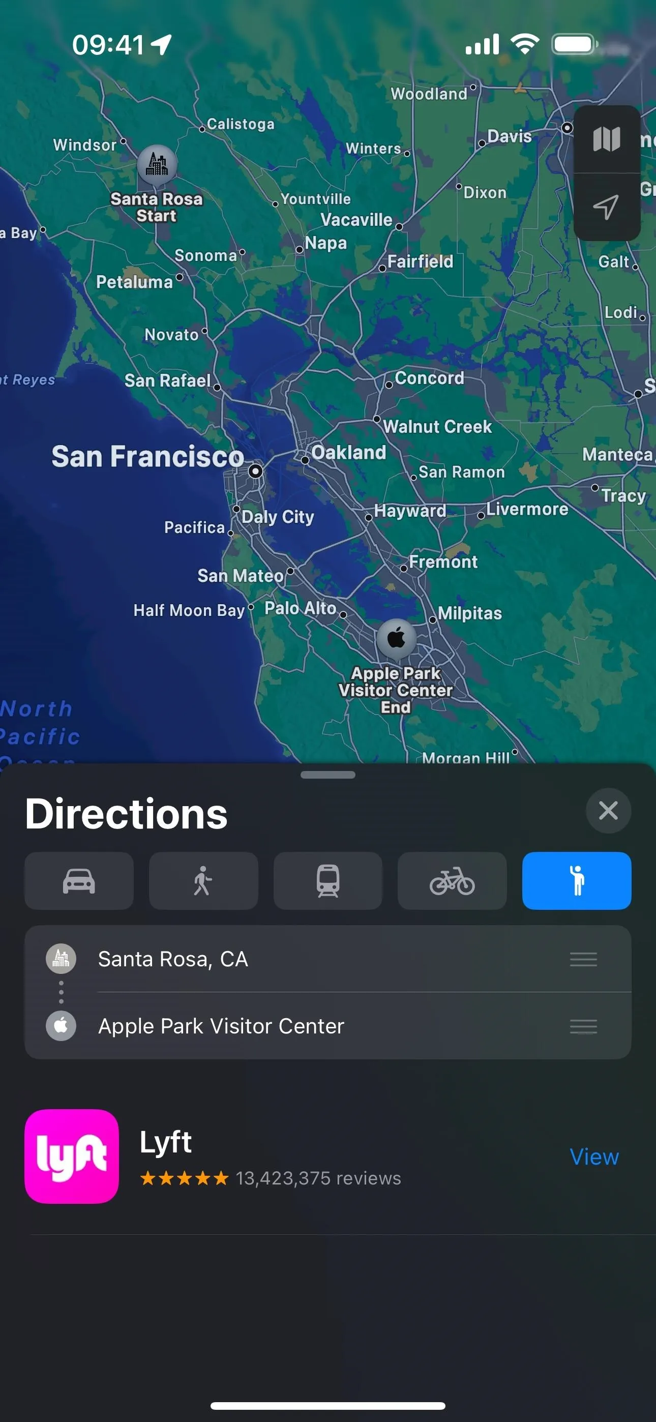 Map view showing directions to a location with a Lyft option displayed.