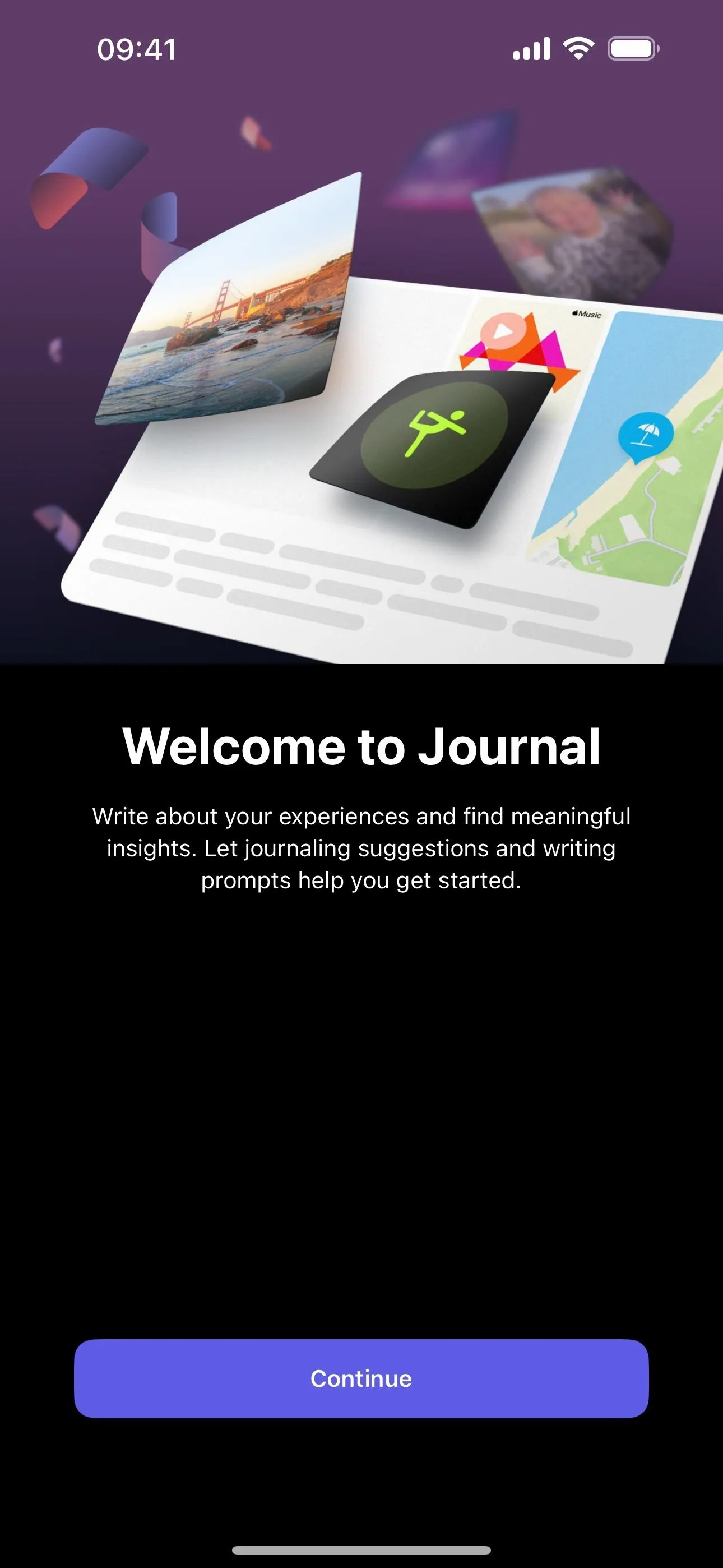 Welcome screen for a journal app featuring images and a navigation map.