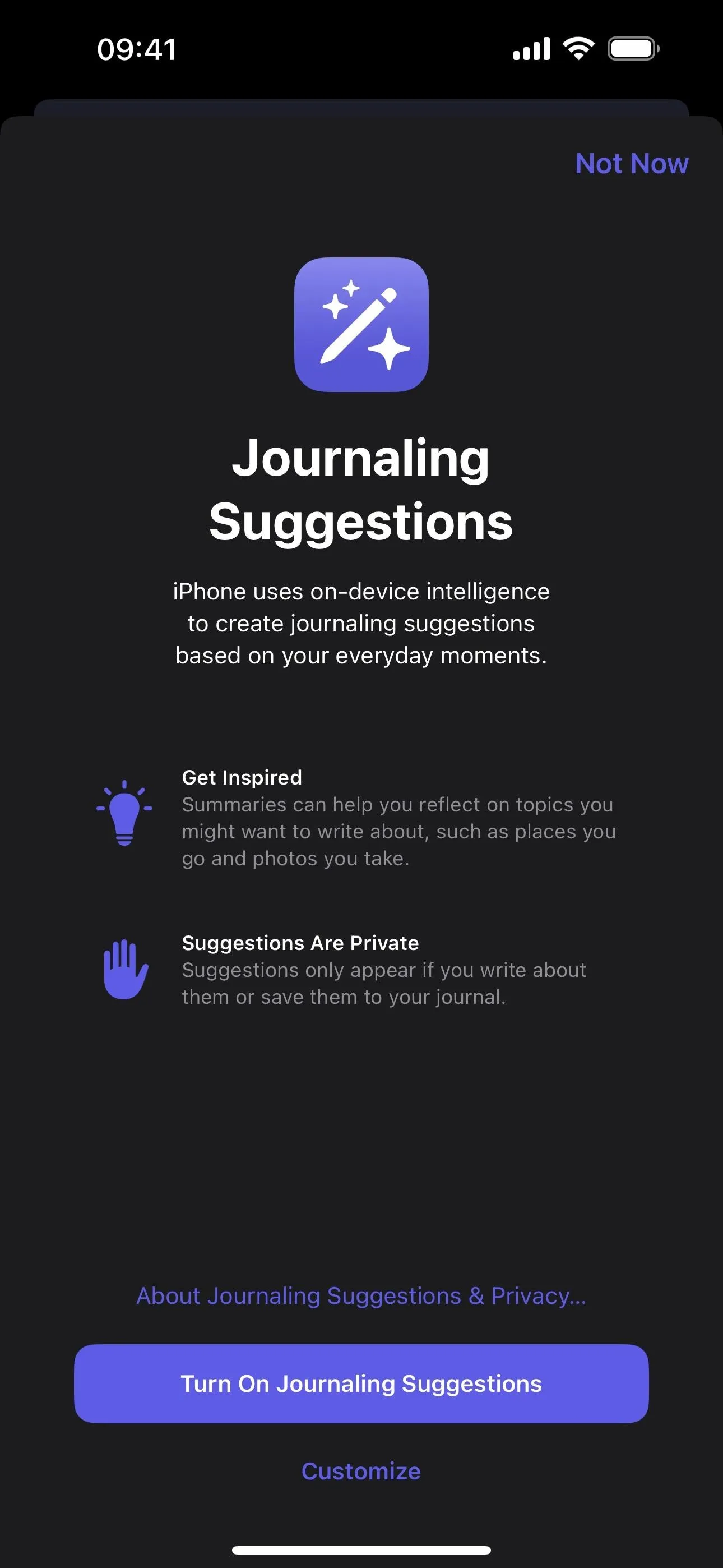 Journaling suggestions interface with prompt options and user guidance.