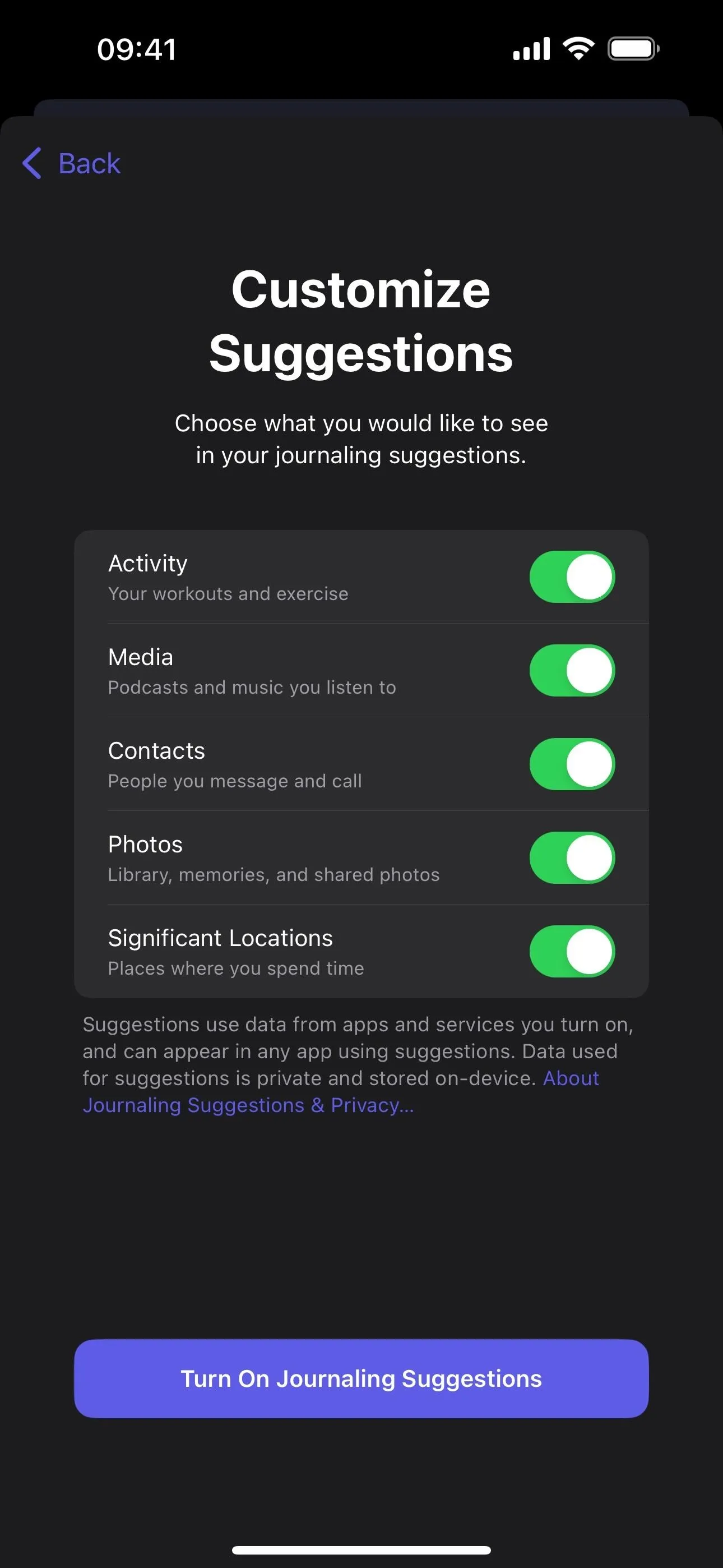 Customize Suggestions settings screen with options for alerts, media, language, and themes.