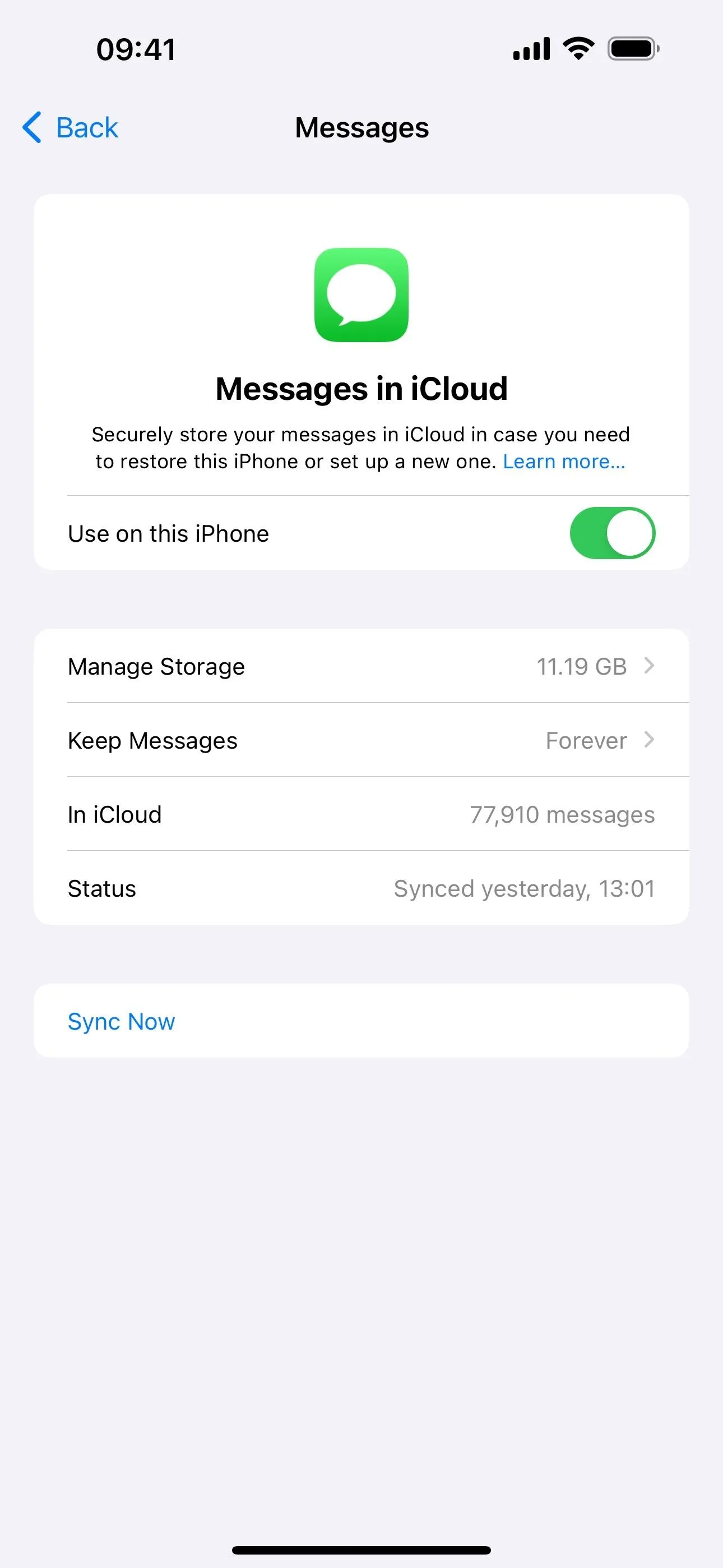 iPhone Messages settings screen with iCloud options