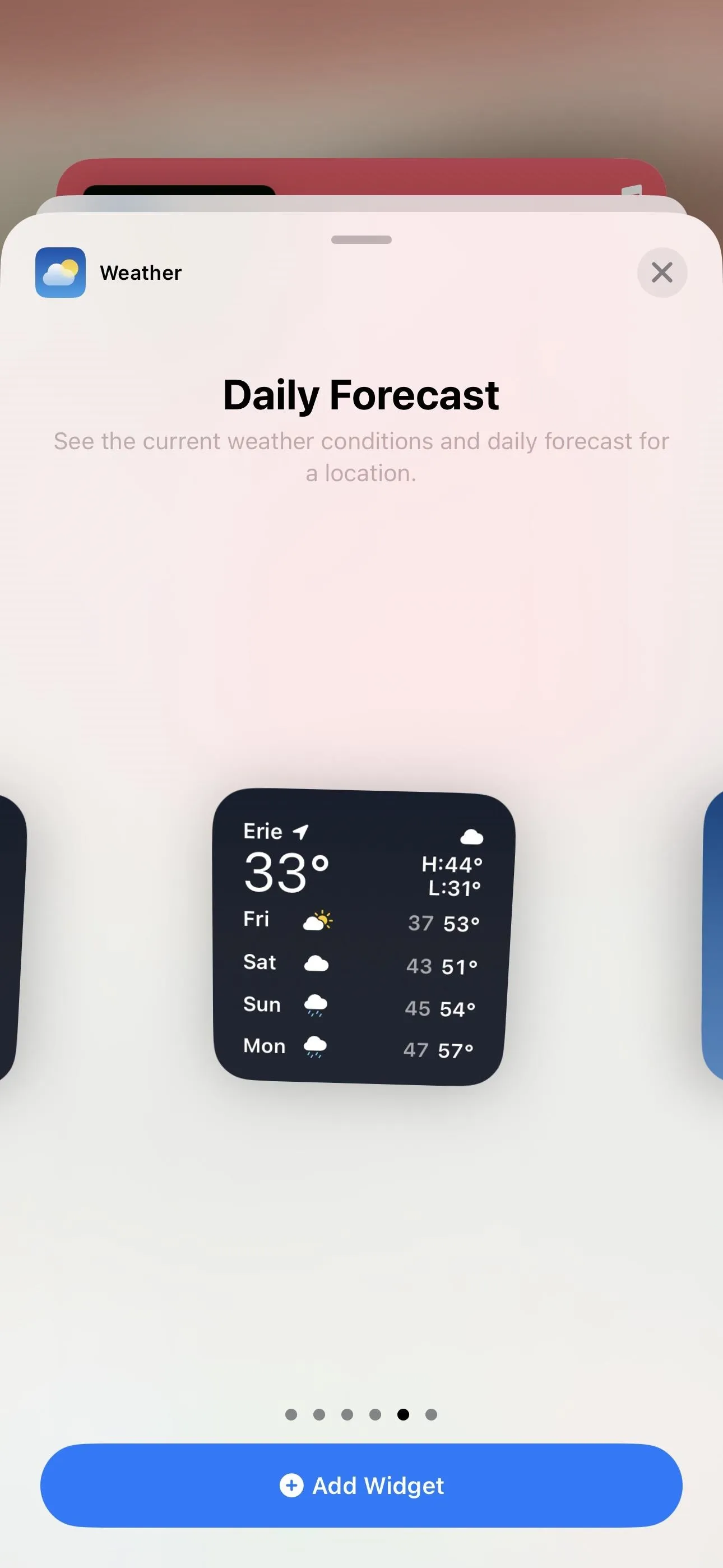 Daily weather forecast display showing a temperature of 33°F.