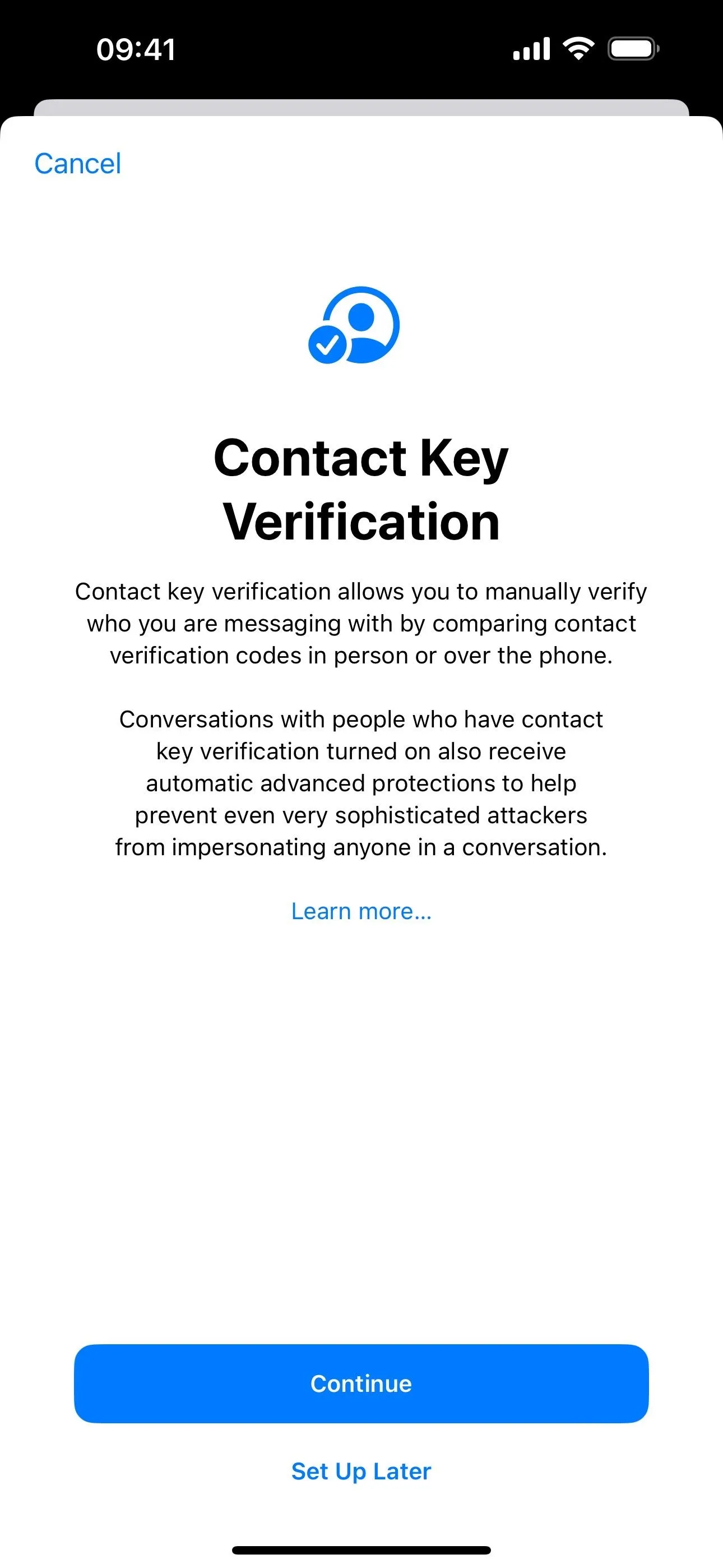 Contact Key Verification screen with options to continue or cancel.