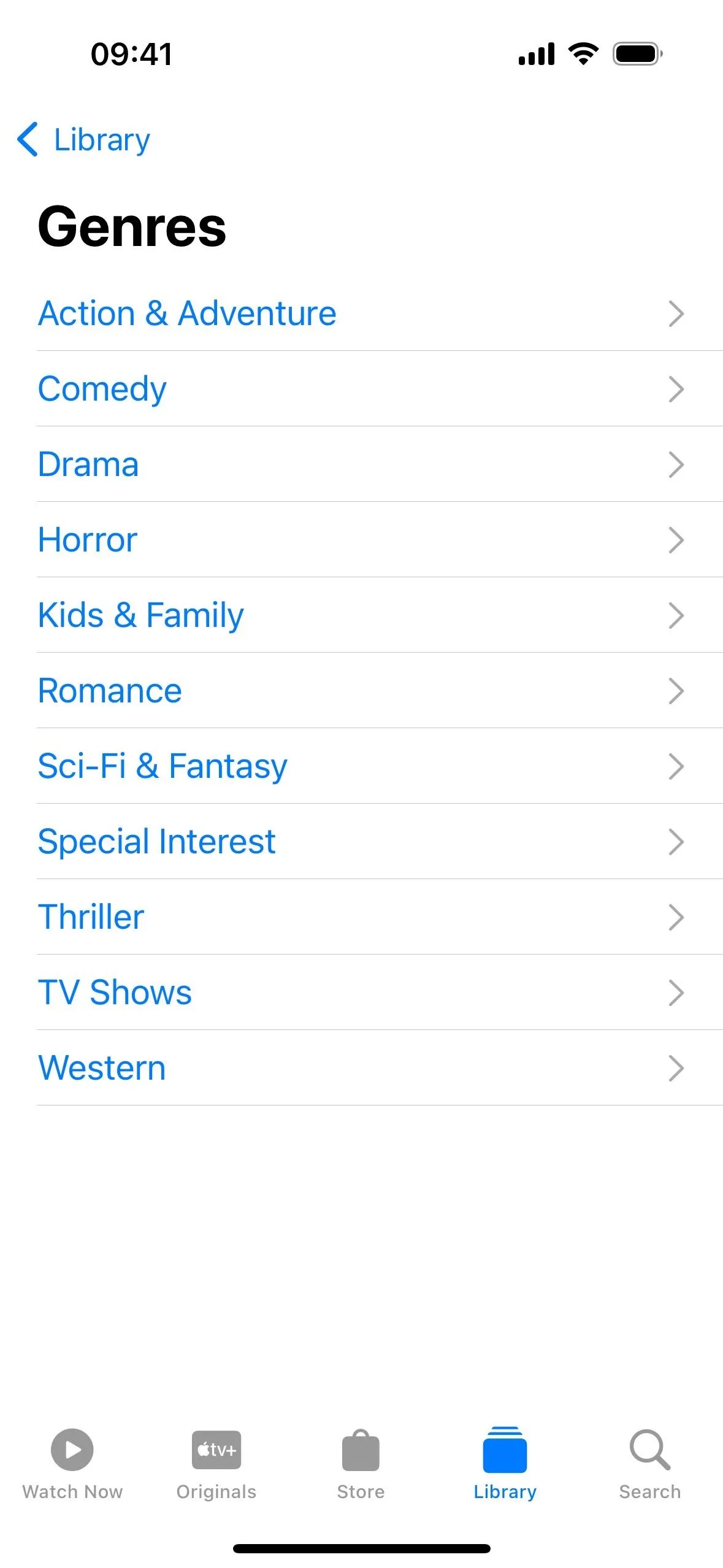 Genres listed on a mobile app, including Comedy, Drama, Horror, Romance, Science Fiction, Special Interest, Children, TV Shows, and Western.