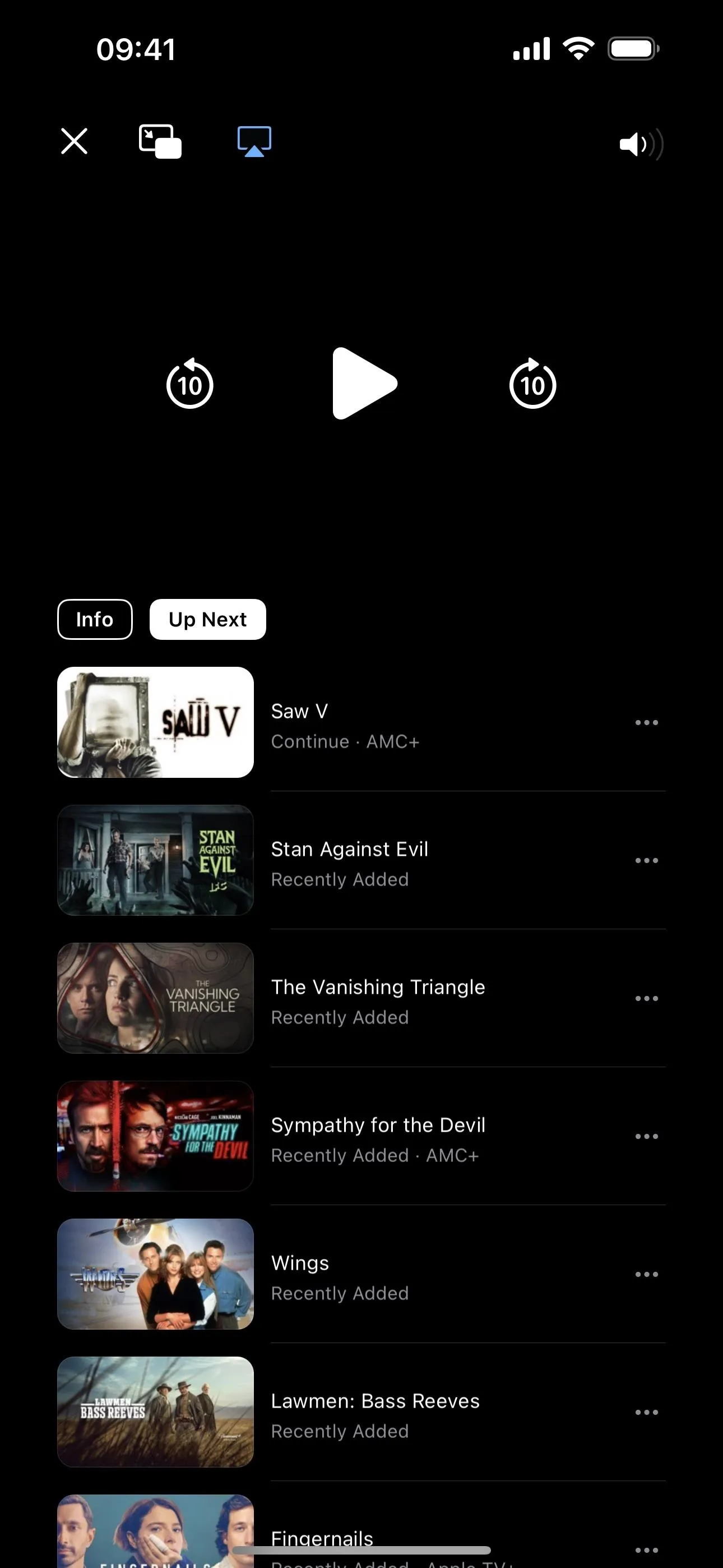 Streaming service interface with a list of titles and playback controls.