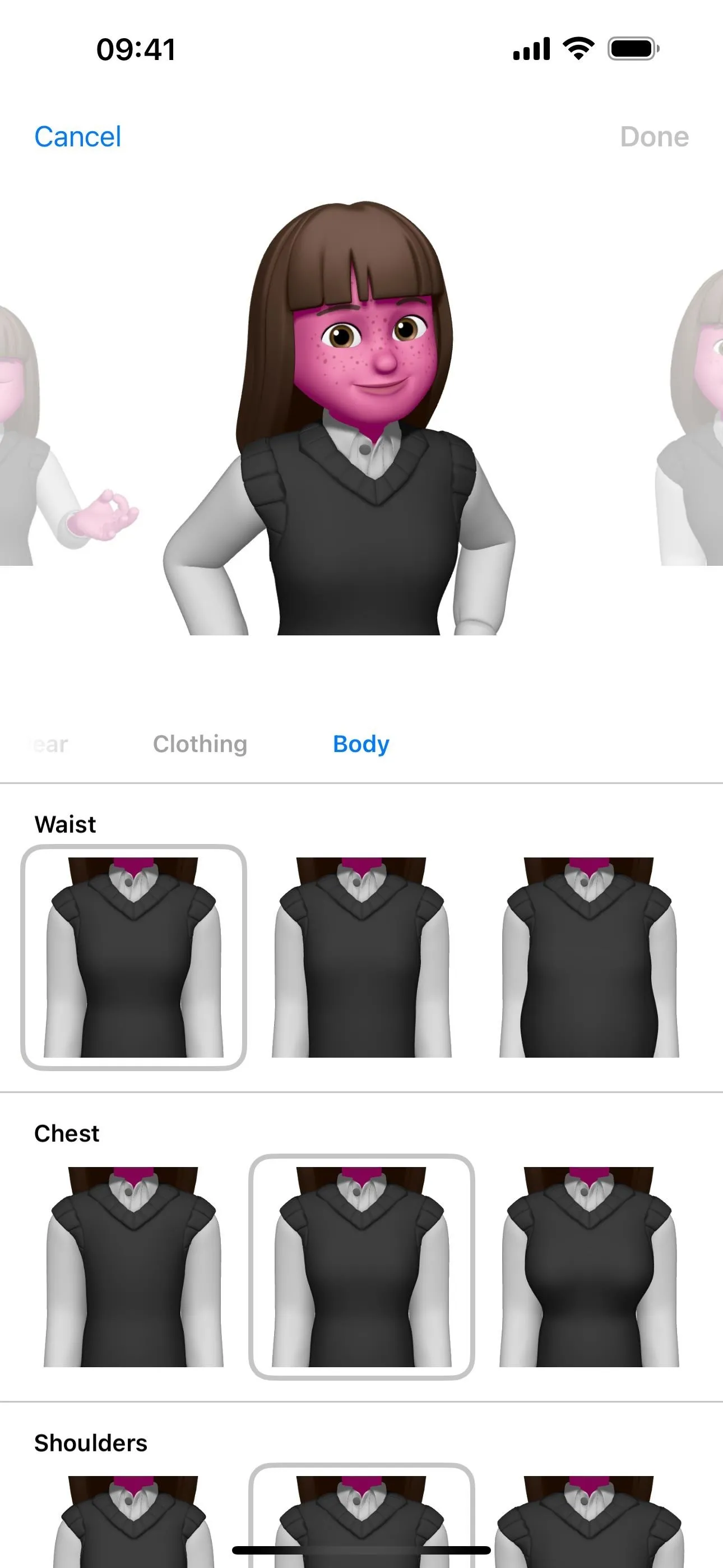 3D animated character with brown hair wearing a black sleeveless top.