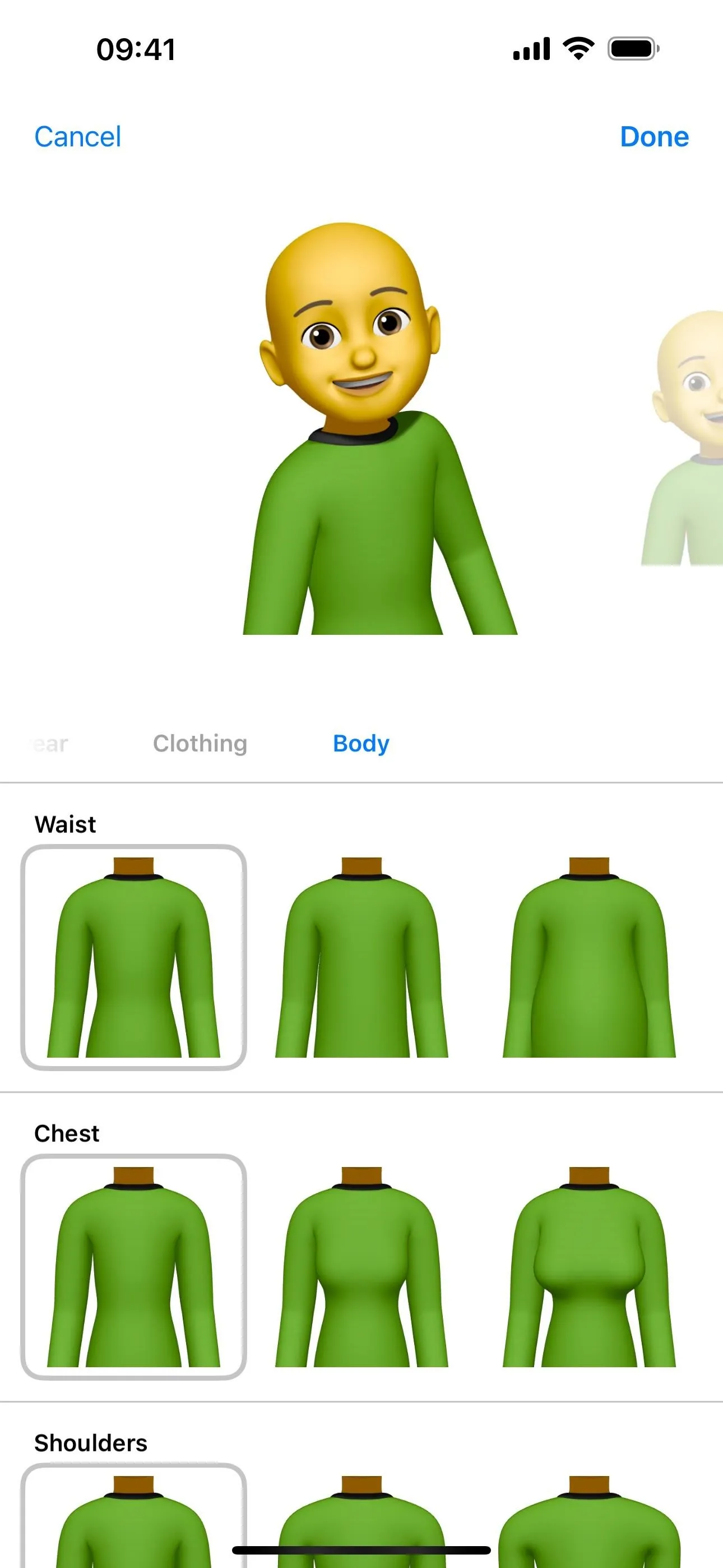 Character avatar customization options with a focus on a green attire.