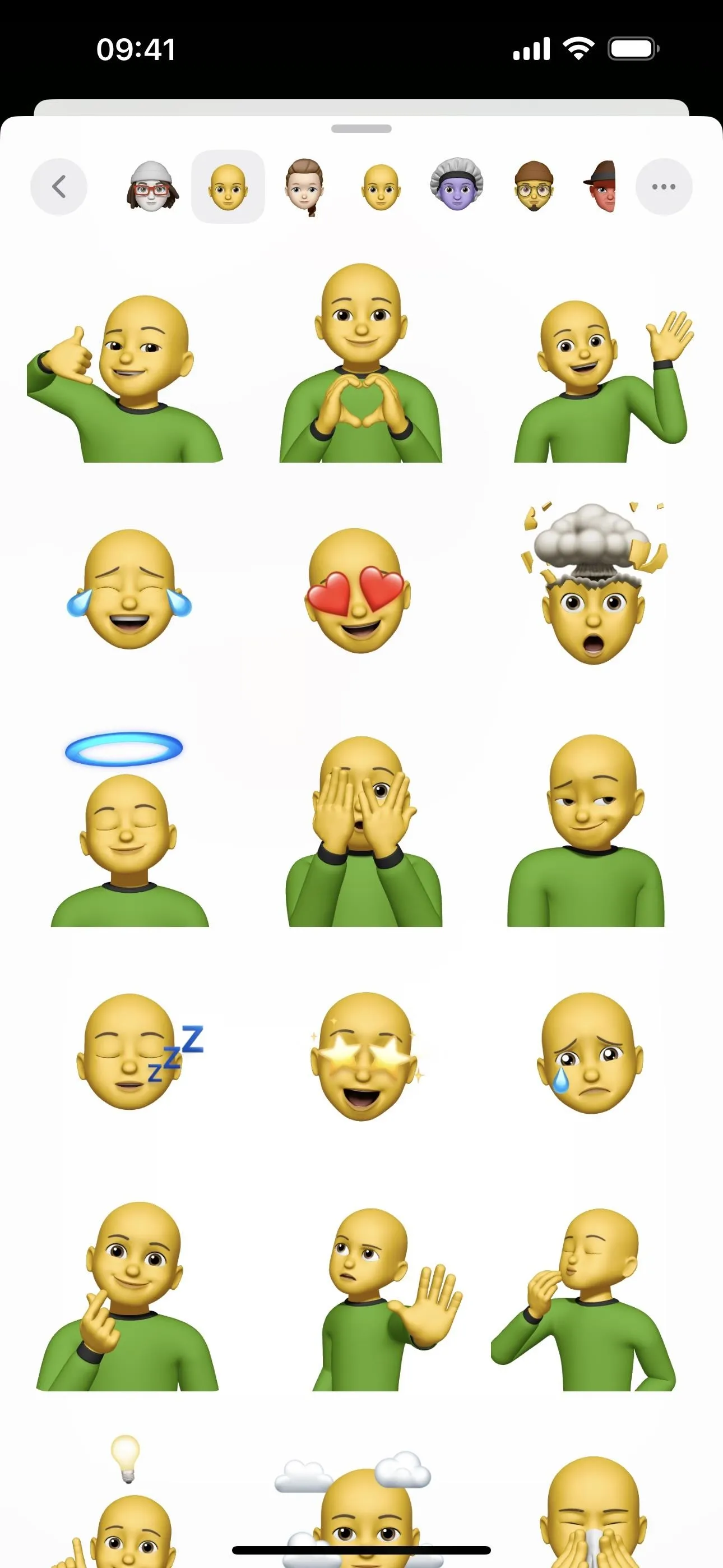 Collection of green emoji faces depicting various emotions and gestures.