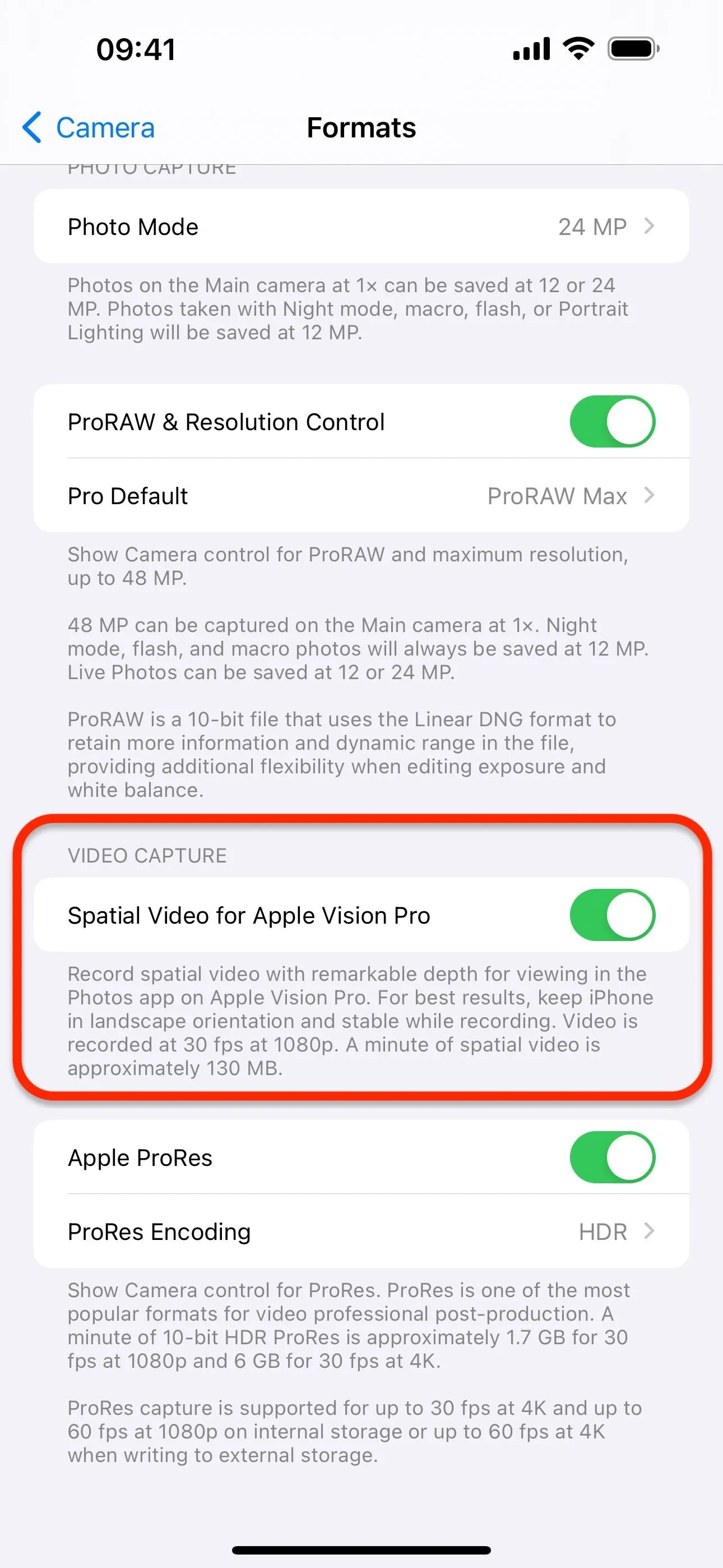 Camera settings screen with toggle options for 'Enable Video to Take Photos'.