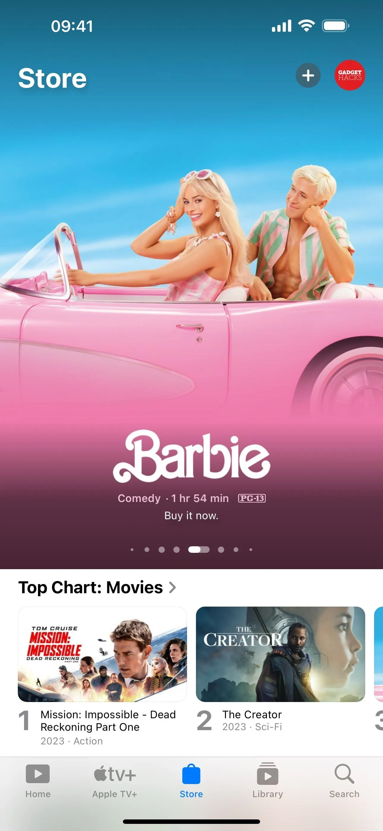 Image of the Barbie movie promotional interface on a mobile app, featuring two characters in a pink convertible.