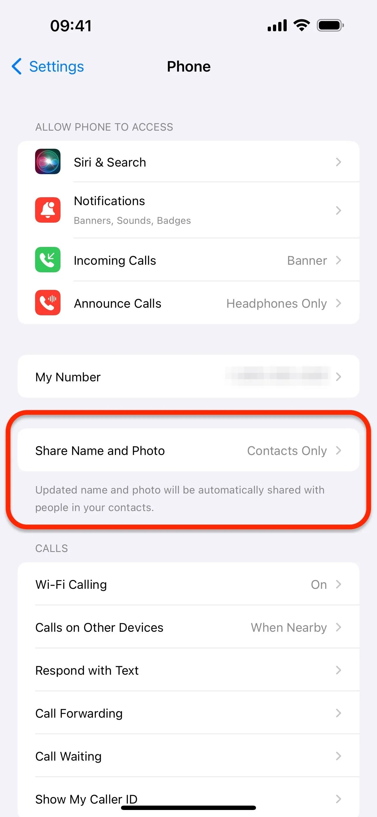 Phone settings menu with highlighted option for enabling or disabling 'Show My Caller ID'.