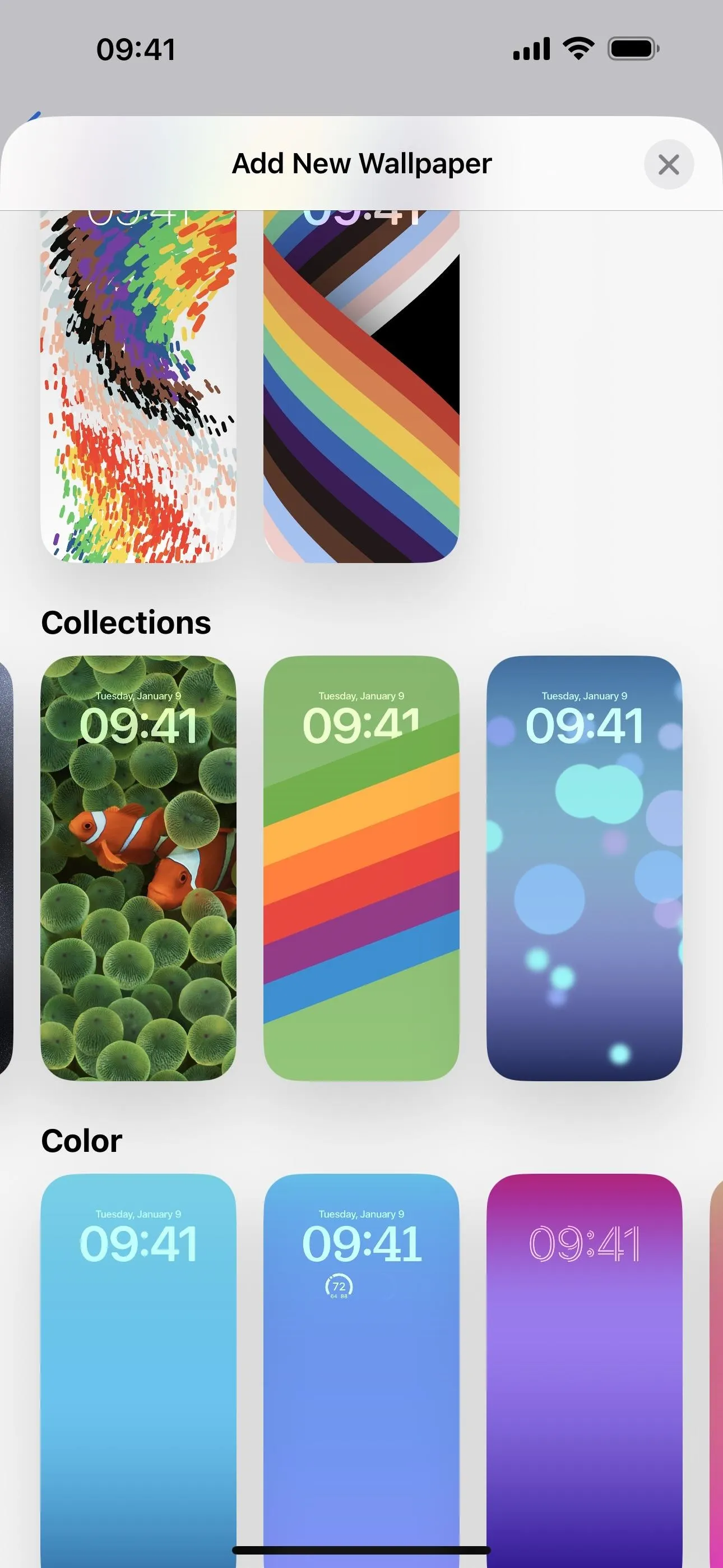 Colorful wallpaper options showcasing rainbow designs and patterns.