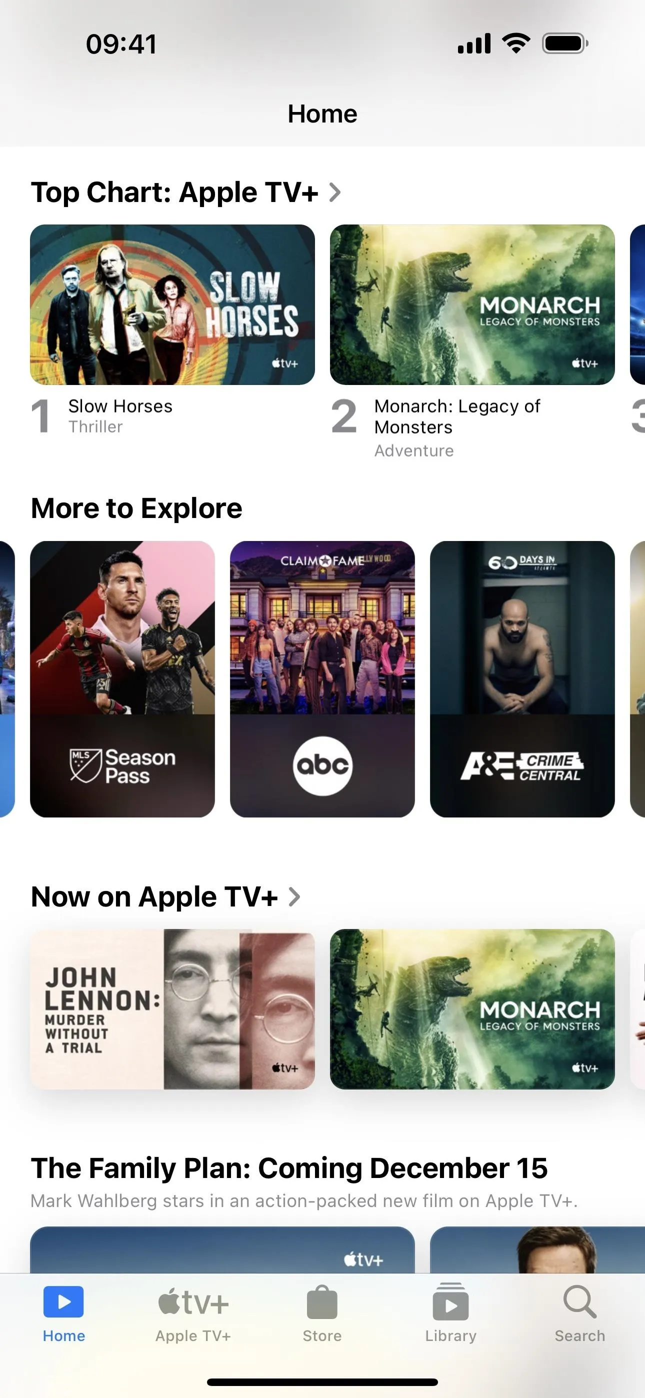 Apple TV app interface showcasing various top charts and recommendations.