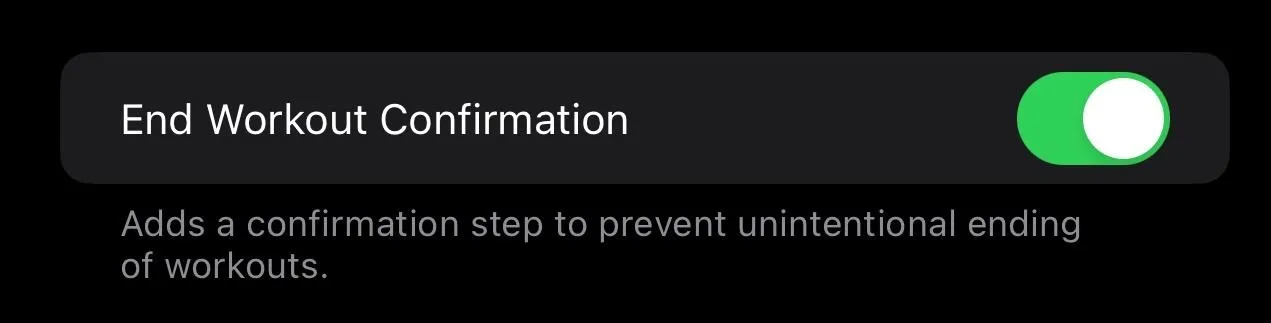 End Workout Confirmation toggle with description.