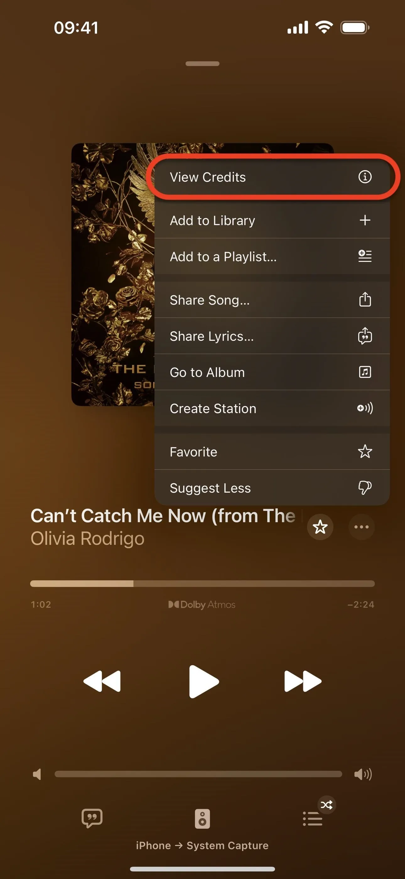 Music streaming app interface with a playlist menu open.