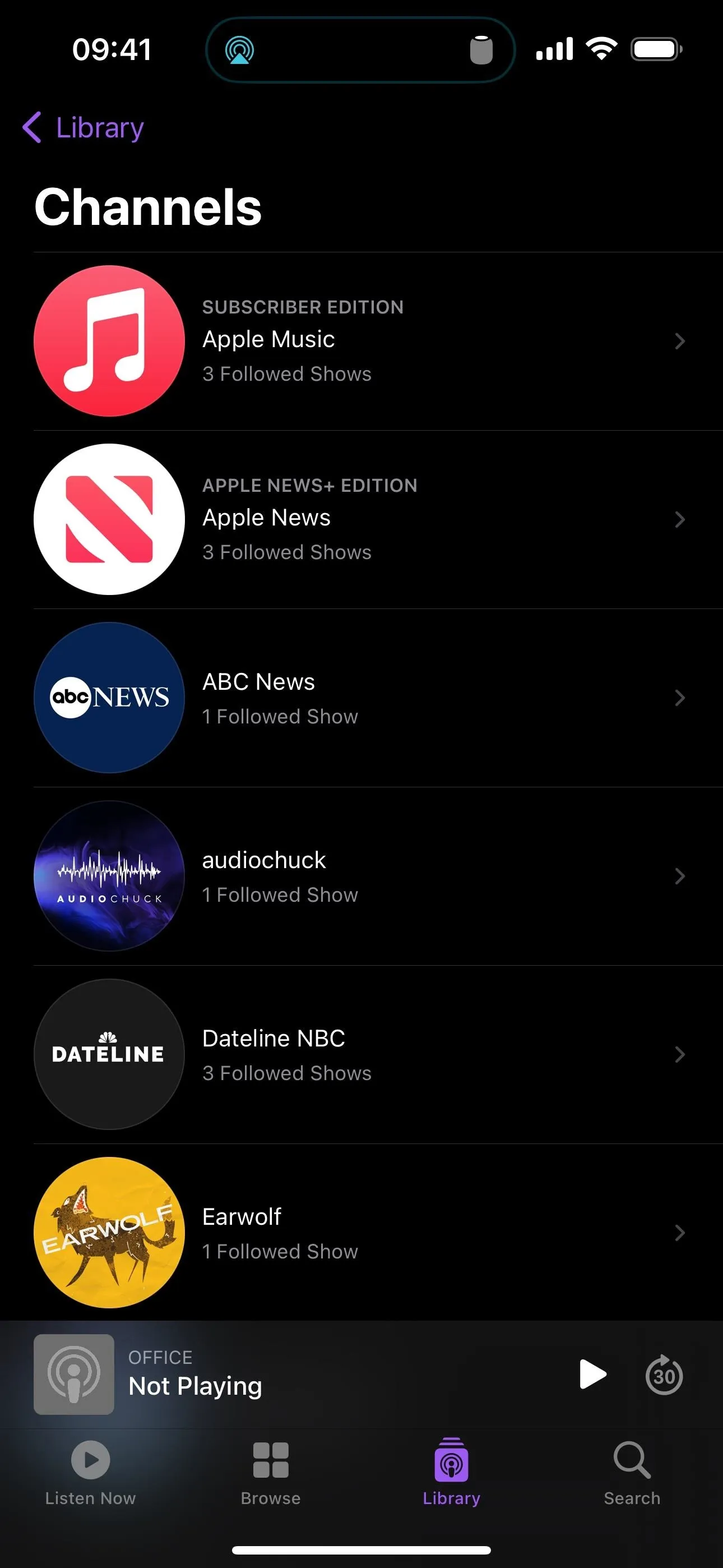 Music streaming app interface showing various channels including Apple Music and others.