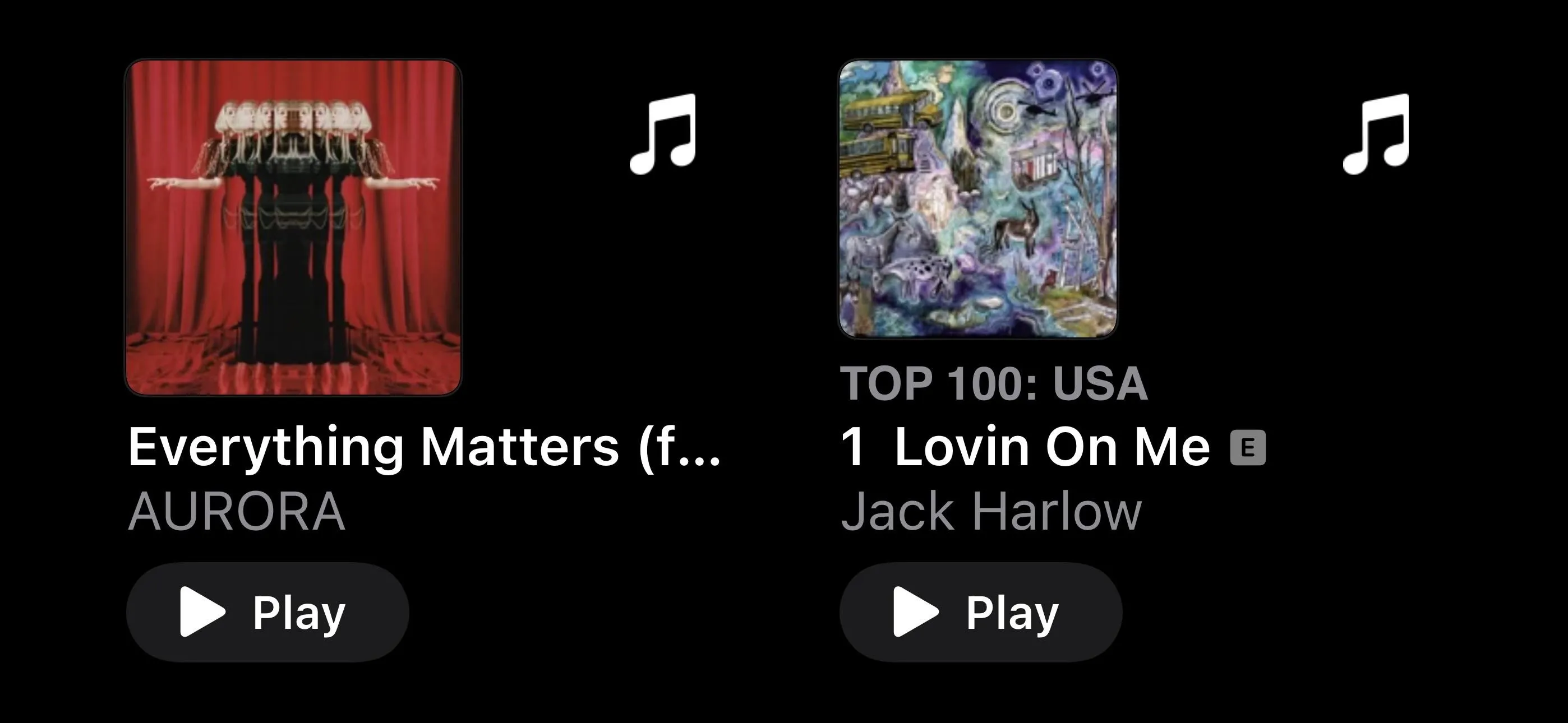 Playlist featuring "Everything Matters" by AURORA and "1 Lovin On Me" by Jack Harlow in Top 100 USA.