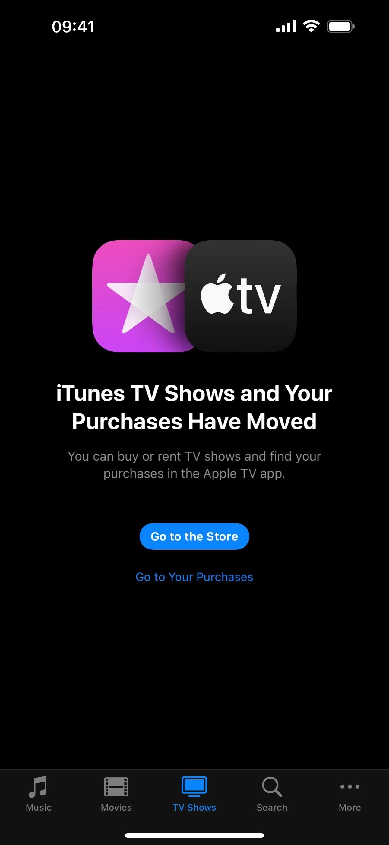 Apple TV app promotional image featuring a message about moving TV shows and purchases.