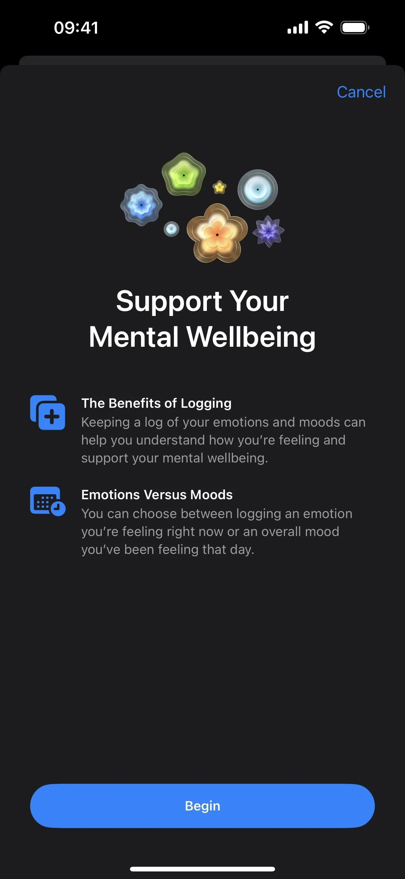 Support your mental wellbeing app interface with wellness tips and personalized insights.