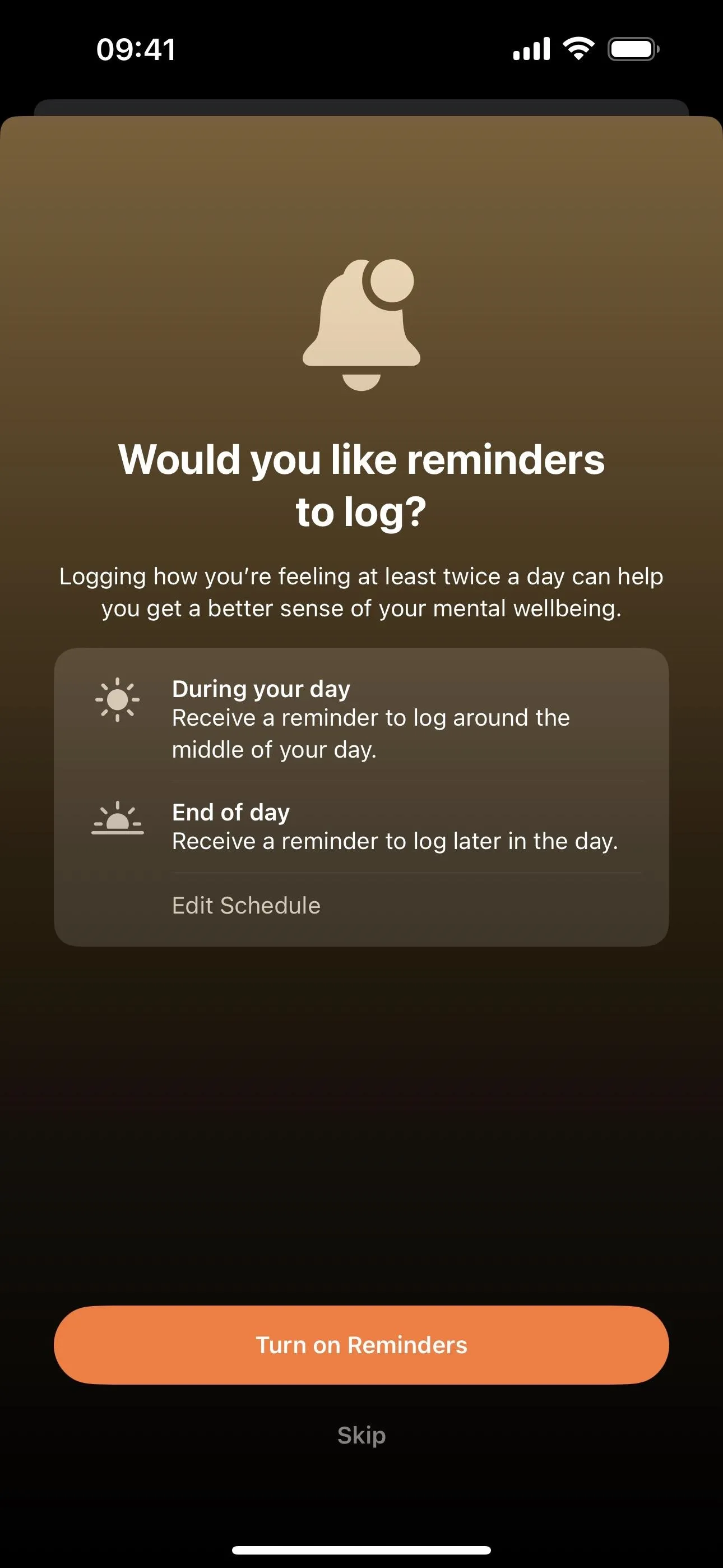 Reminder log prompt on a mobile app.