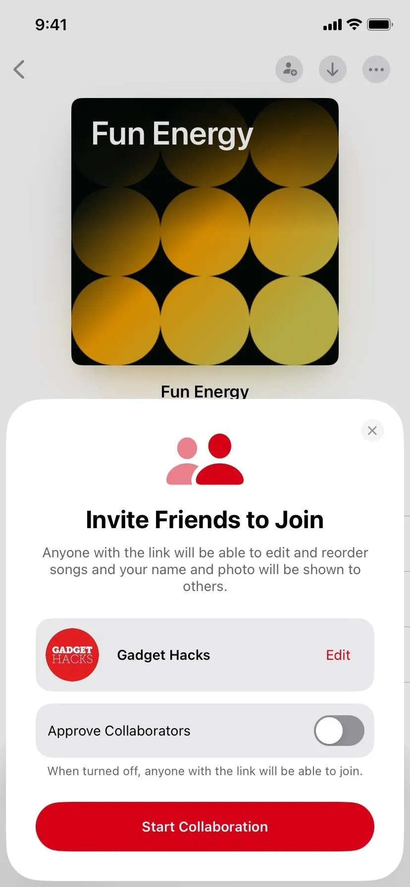 Invitation to join Fun Energy with options to invite friends and adjust settings.