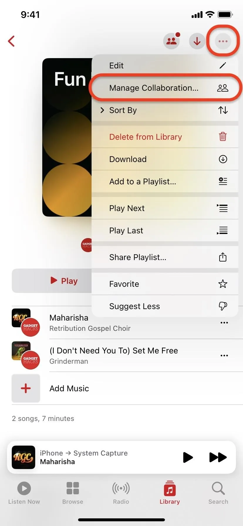 Manage subscriptions menu in a music app interface.