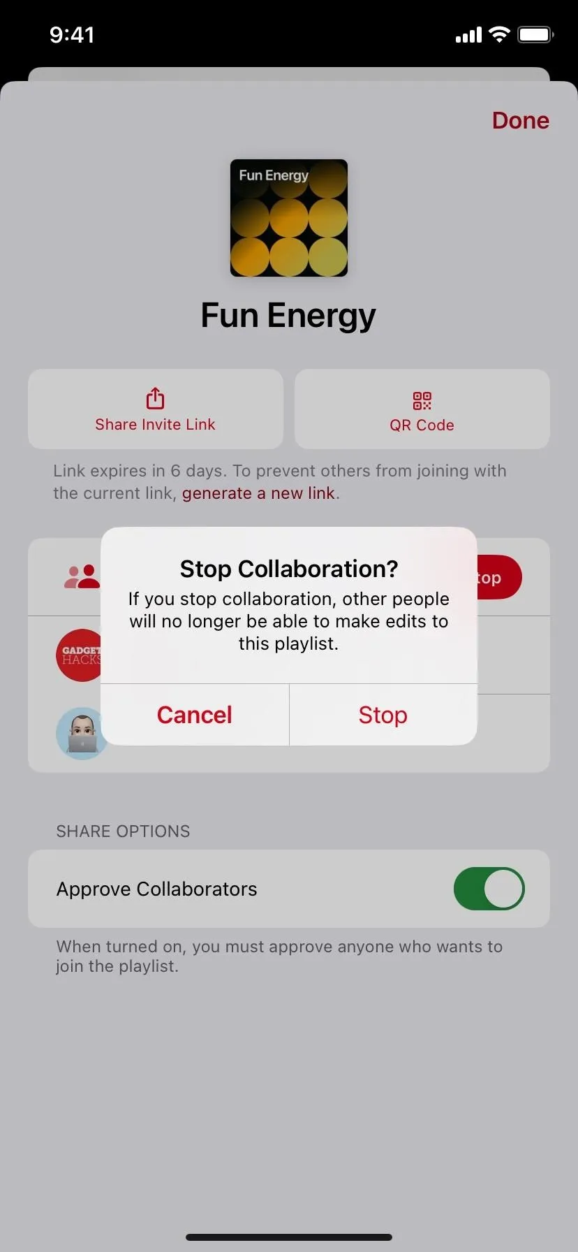 Mobile app screen displaying options for "Fuel Energy" with buttons for collaboration settings and options to manage energy parameters.