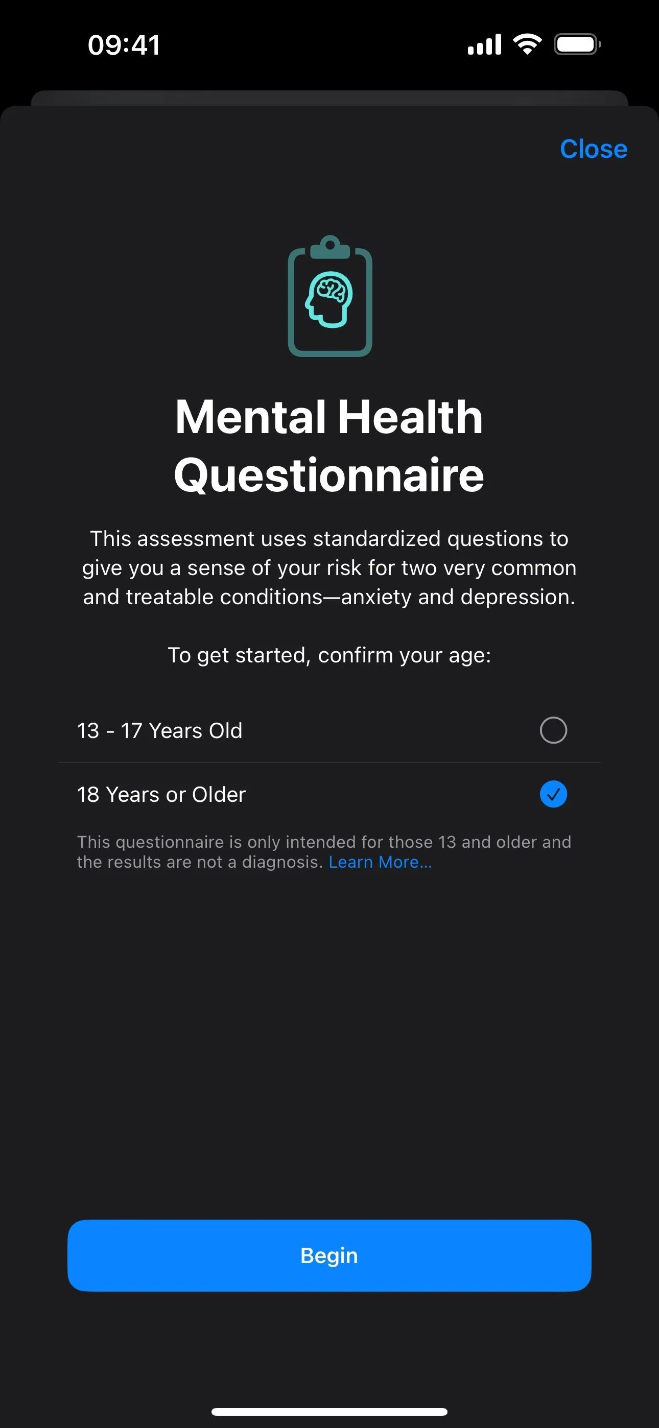 Mental health questionnaire interface with options for user submission.