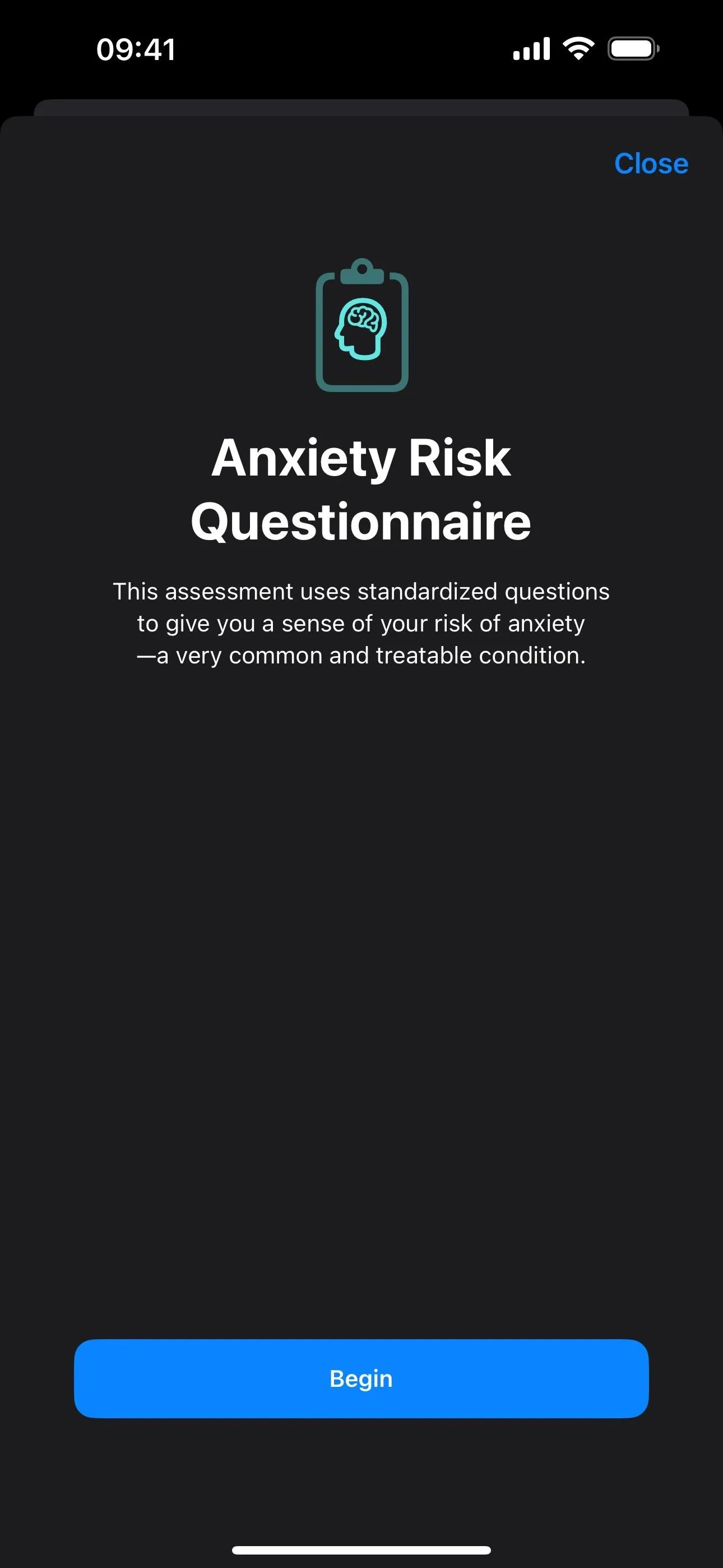 Anxiety Risk Questionnaire interface on a mobile device.