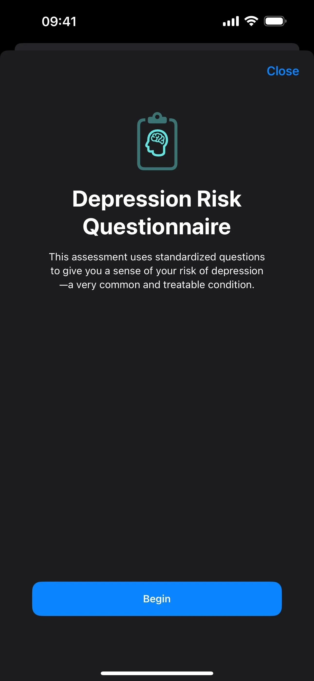 Depression Risk Questionnaire interface on a mobile device.