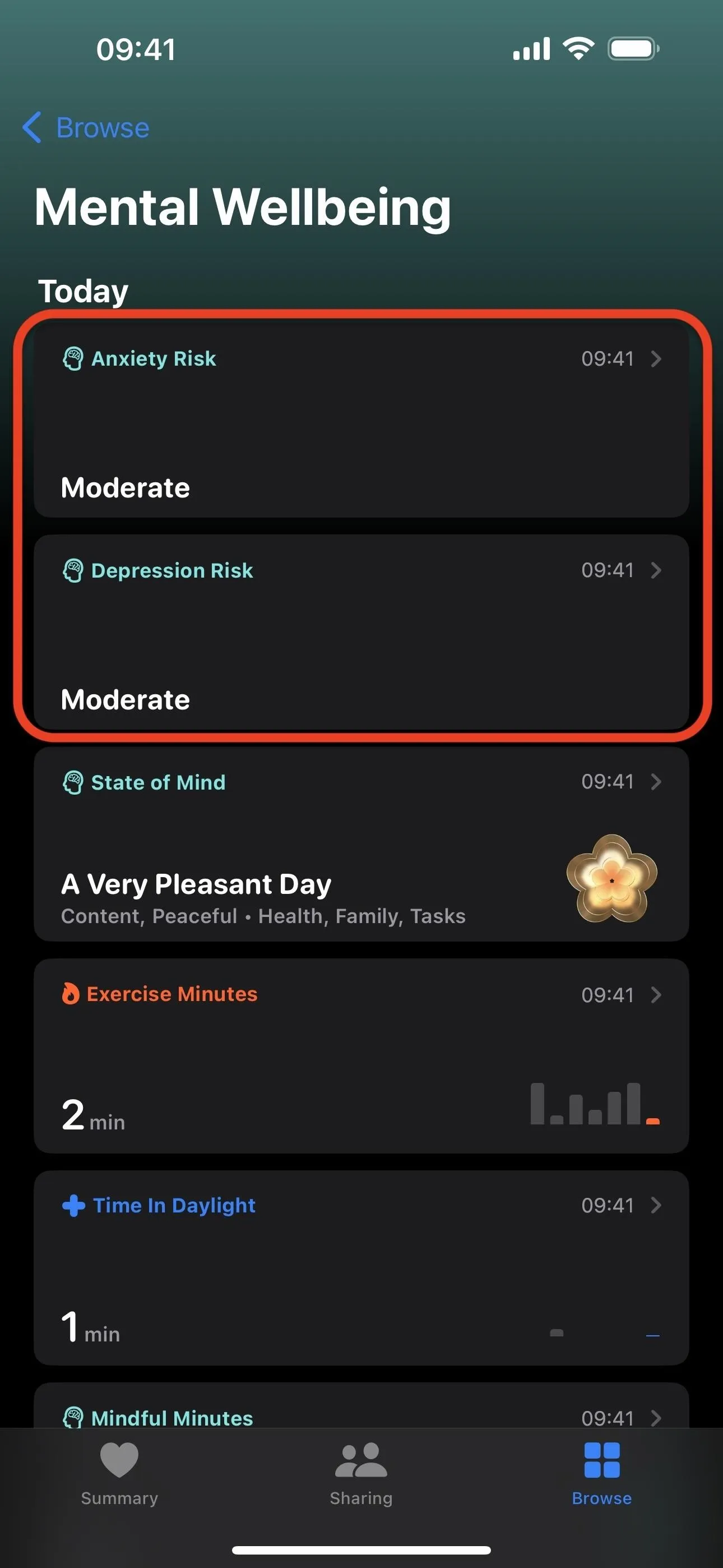 Mental wellbeing app interface displaying mood tracking options.