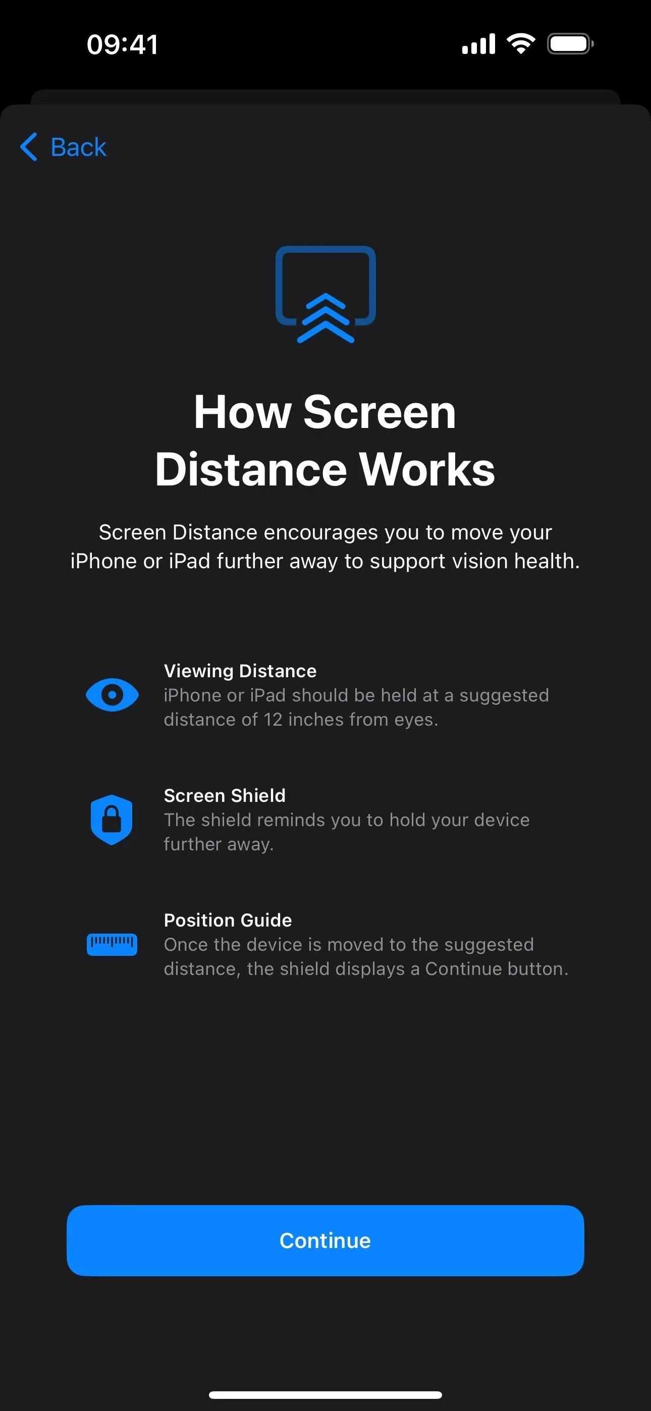 How Screen Distance Works information screen with three key points: Display Safety, Secure Mode, and Privacy Tools.