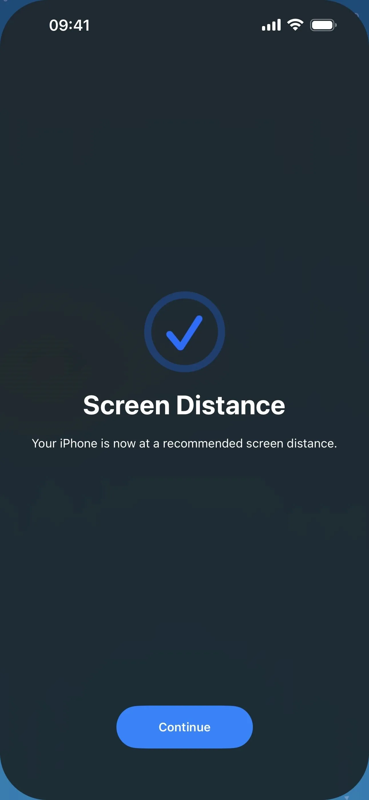 Screen distance verification interface on a mobile device.