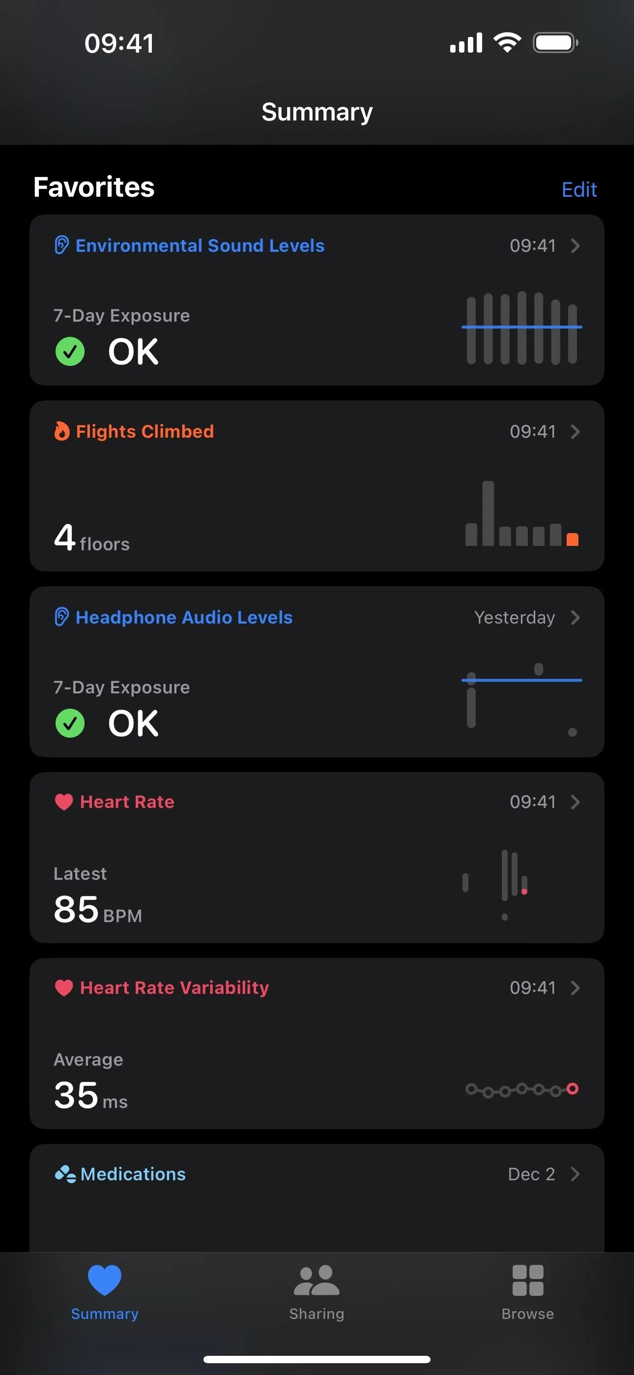 Health app summary screen with various health metrics and statistics displayed.