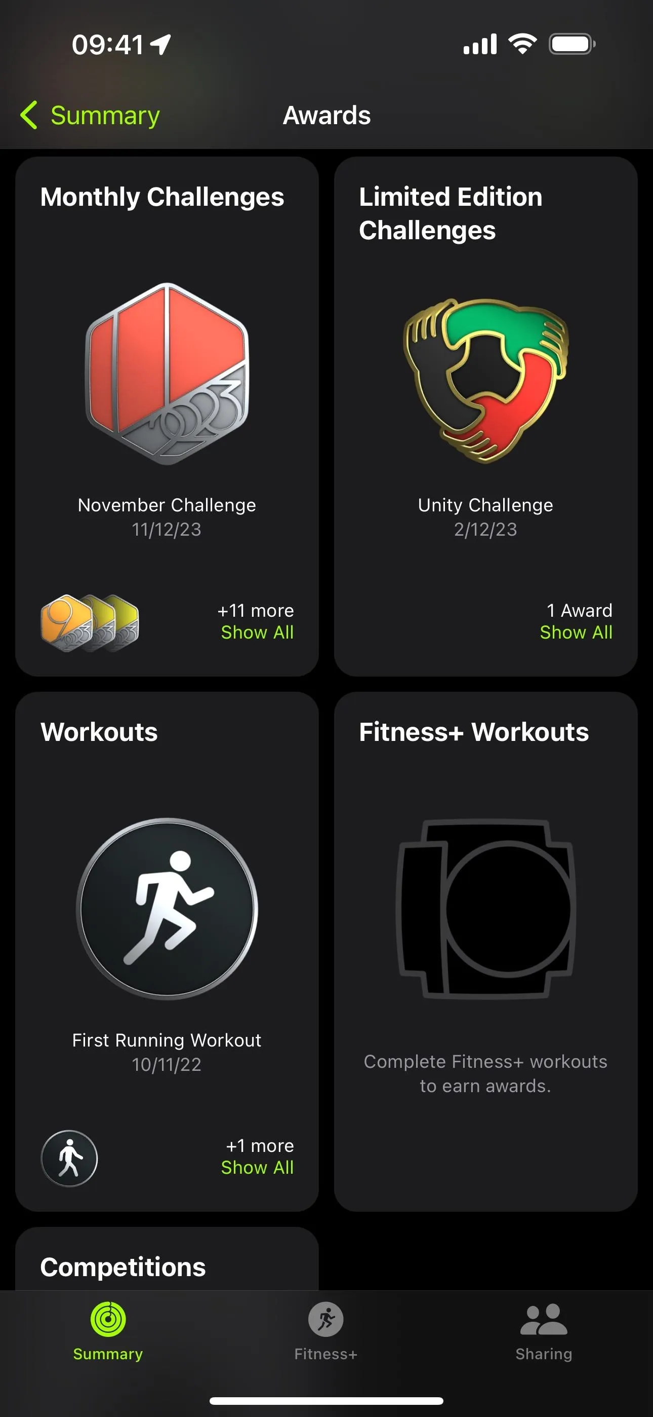 App interface showcasing various challenges and features, including Identity Challenges, Ultimate Online Challenge, and a navigation section for workouts and rewards.