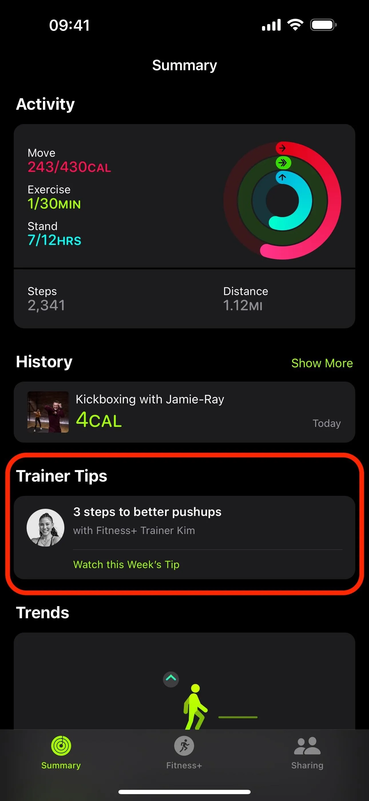 Screenshot of a mobile app summary screen showing activity metrics and tips.