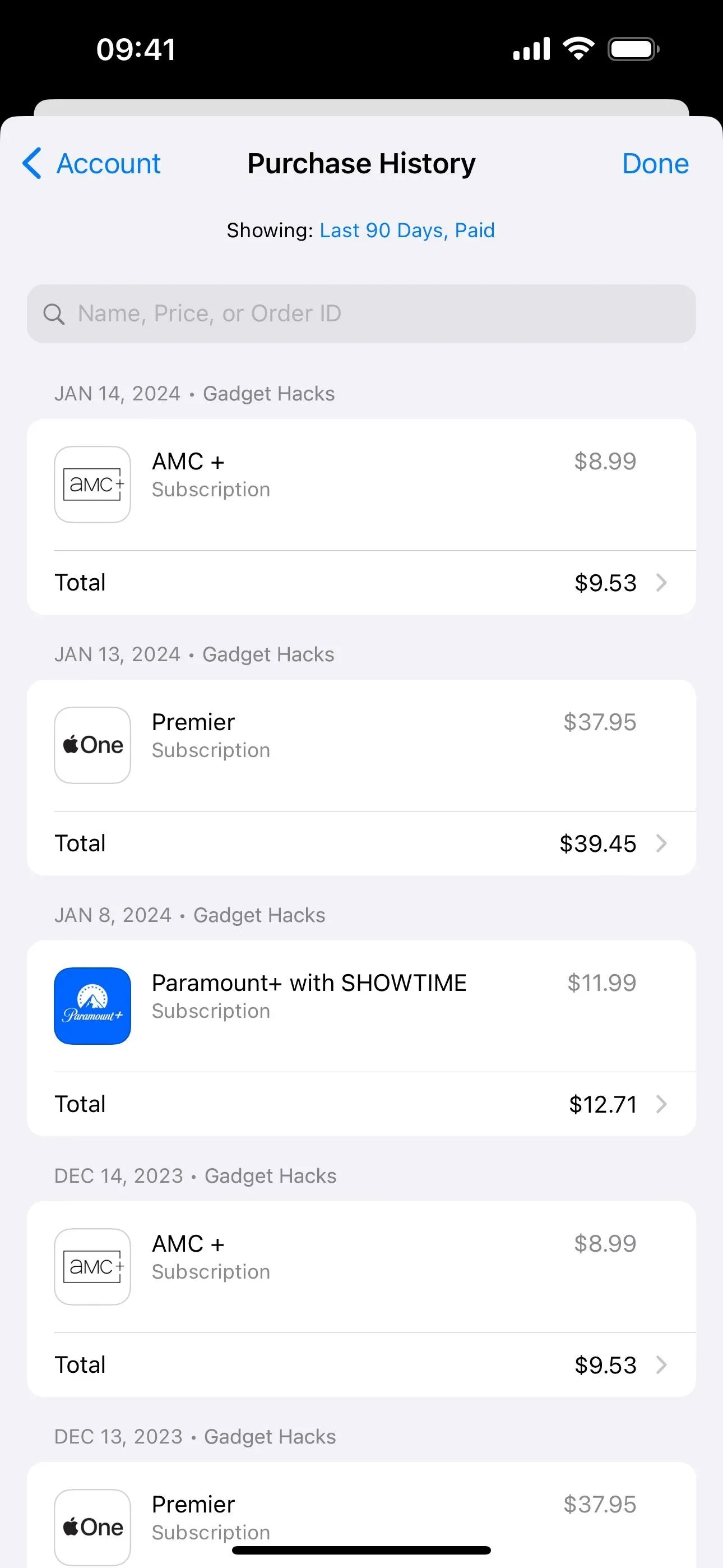 Purchase history displayed on a mobile device with item details and prices.