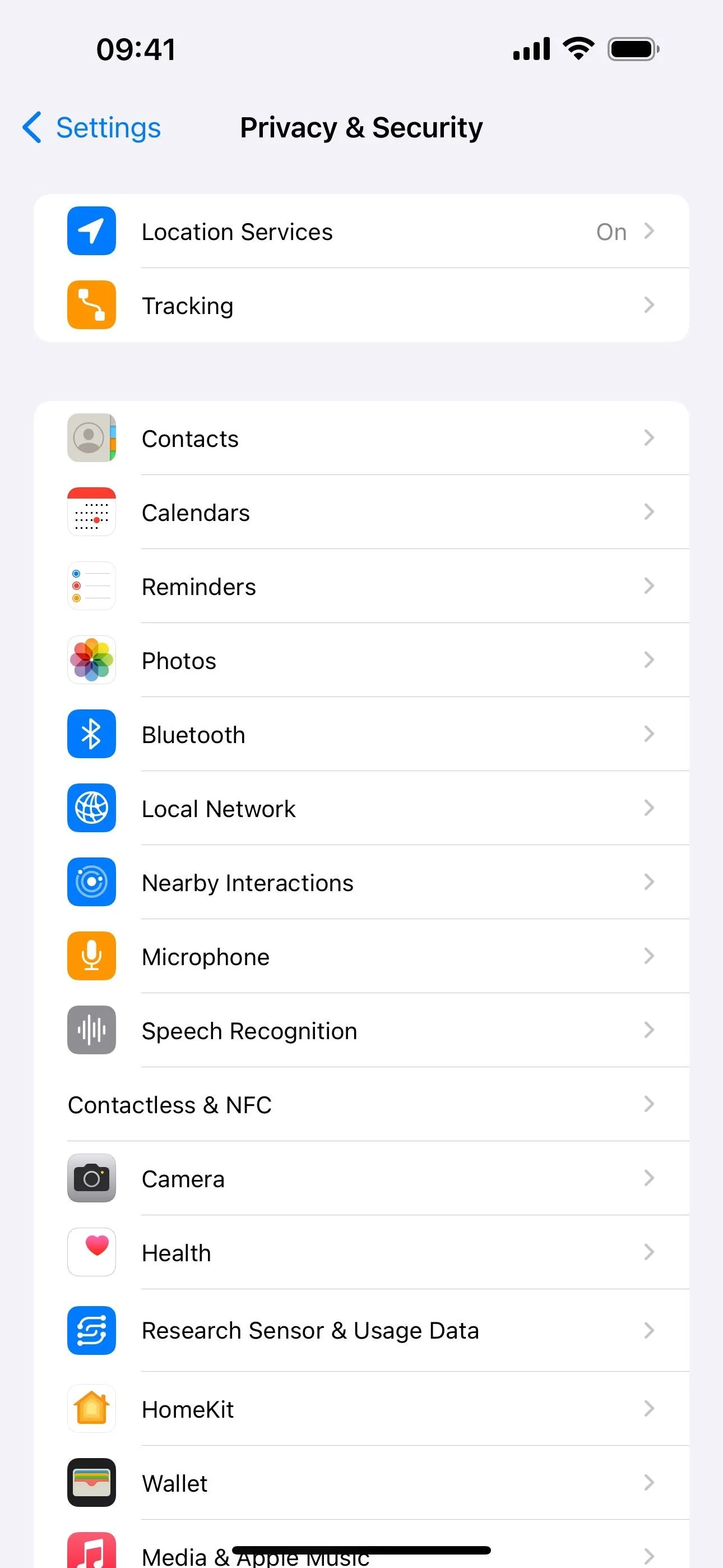 Privacy and Security settings menu on a mobile device