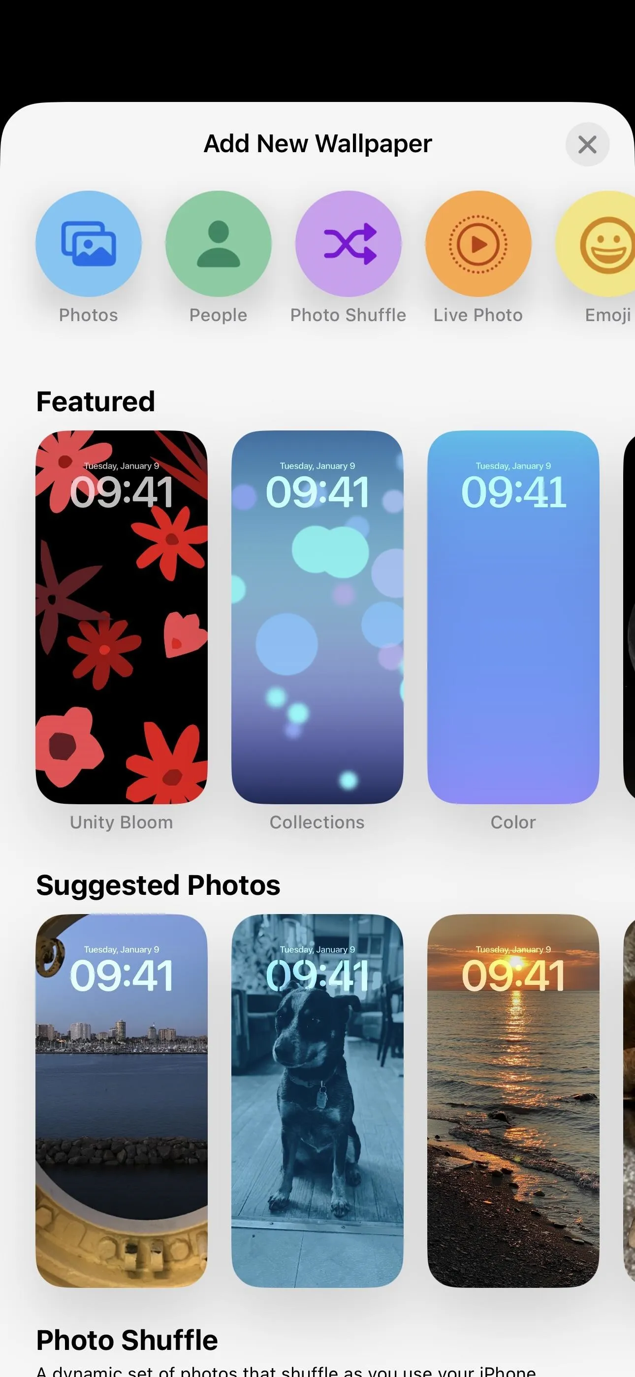 iPhone wallpaper selection screen with various floral and scenic designs.