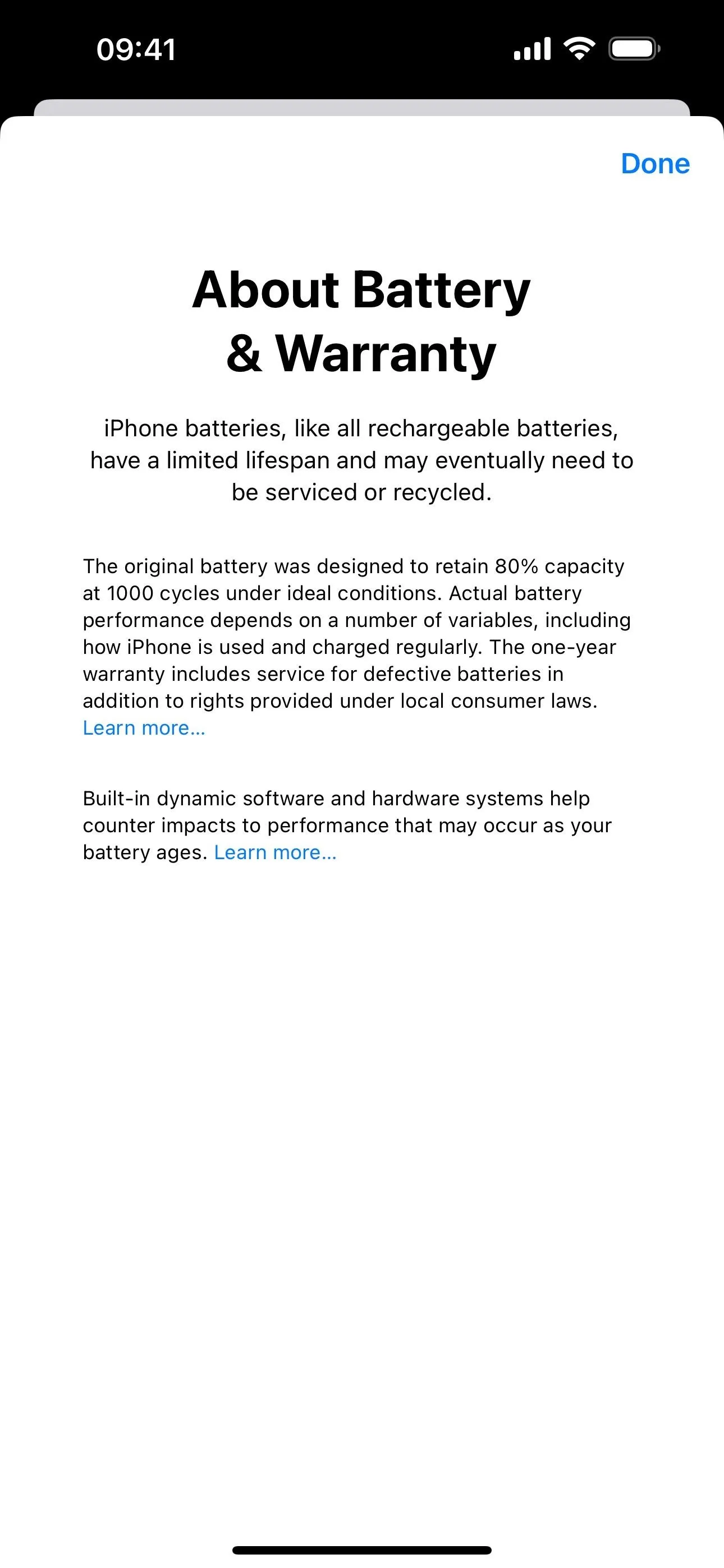 About Battery & Warranty information on a smartphone.