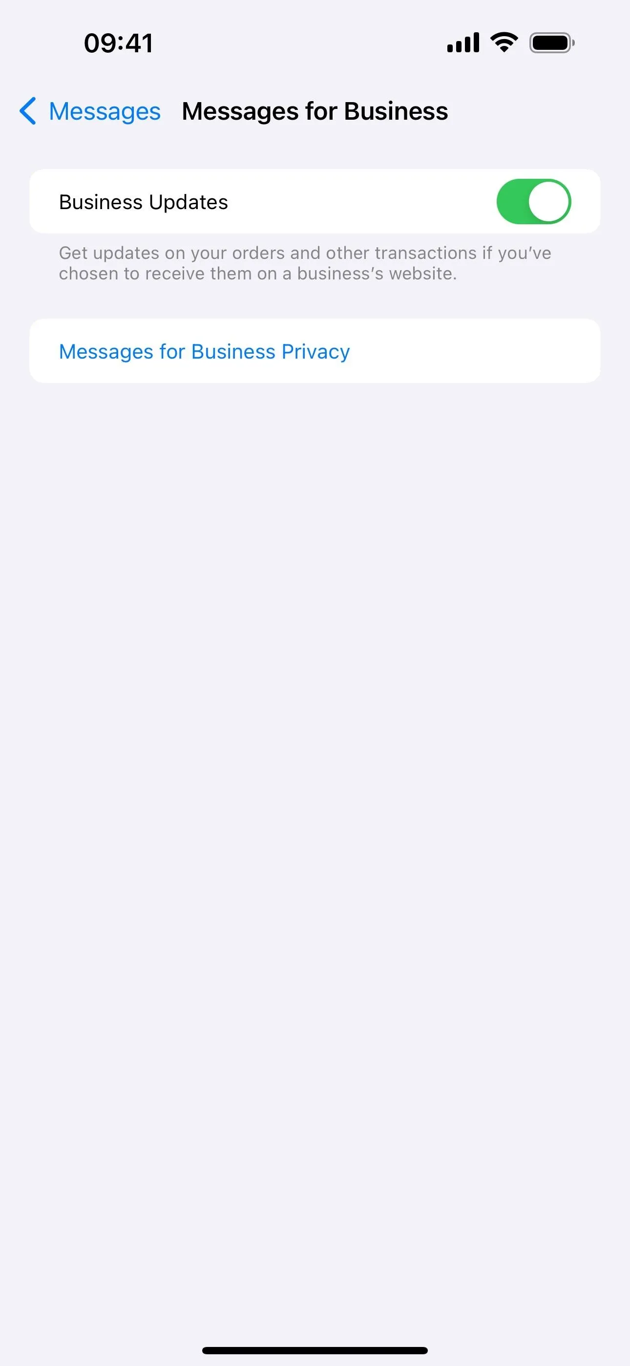 Messages for Business settings on a smartphone.