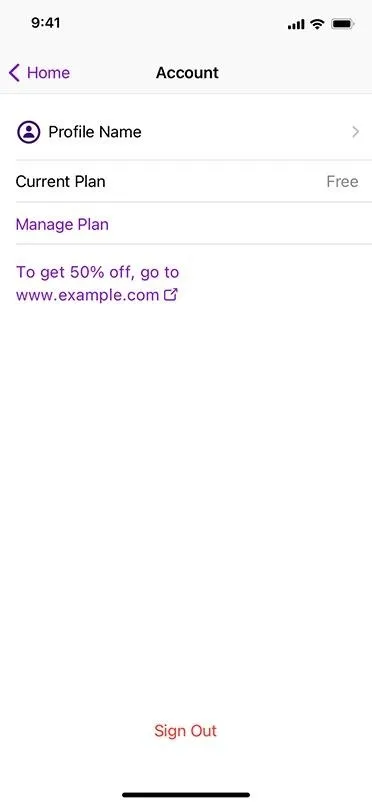 Account sign-up form on a mobile device screen.