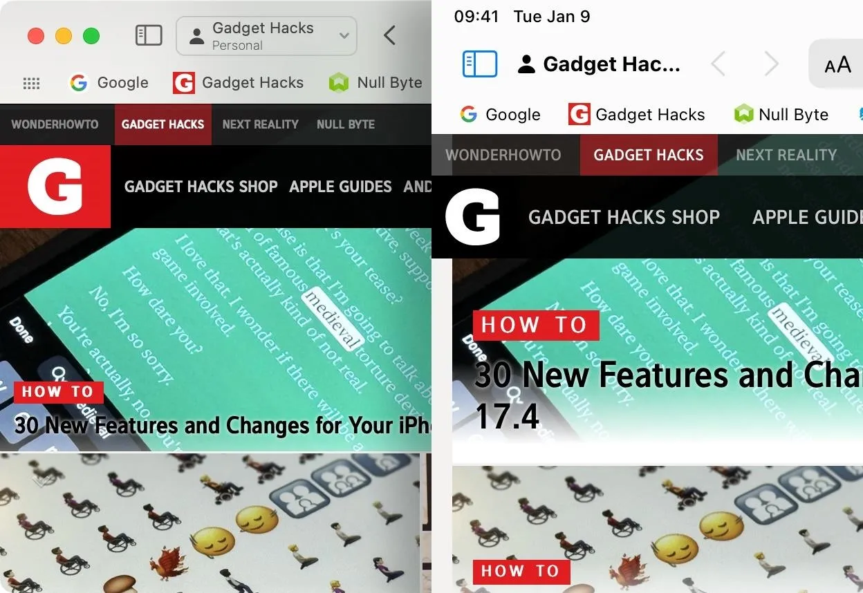 Gadget Hacks homepage featuring articles about iPhone features and updates.