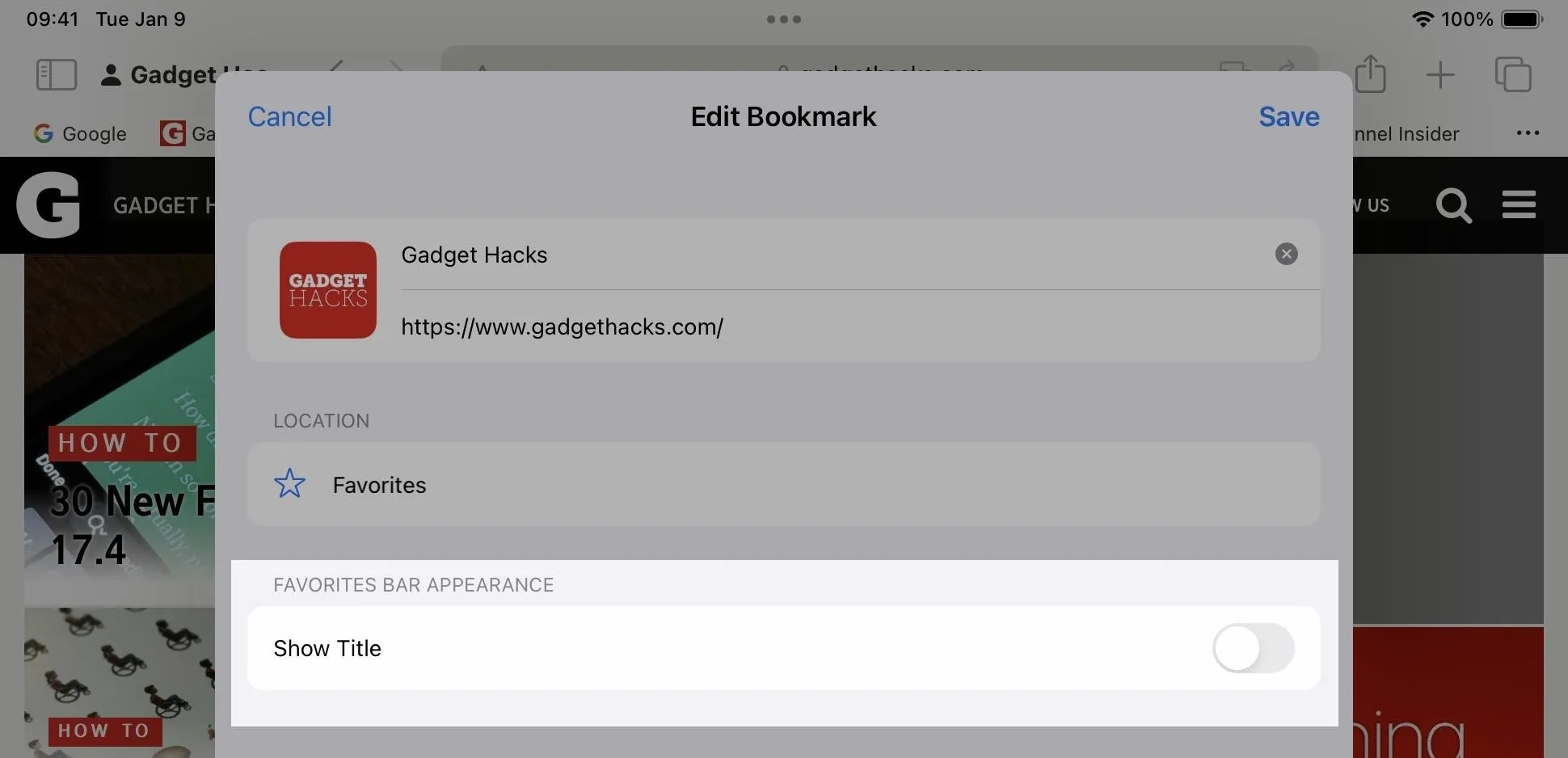 Editing a bookmark for Gadget Radio on a mobile device.