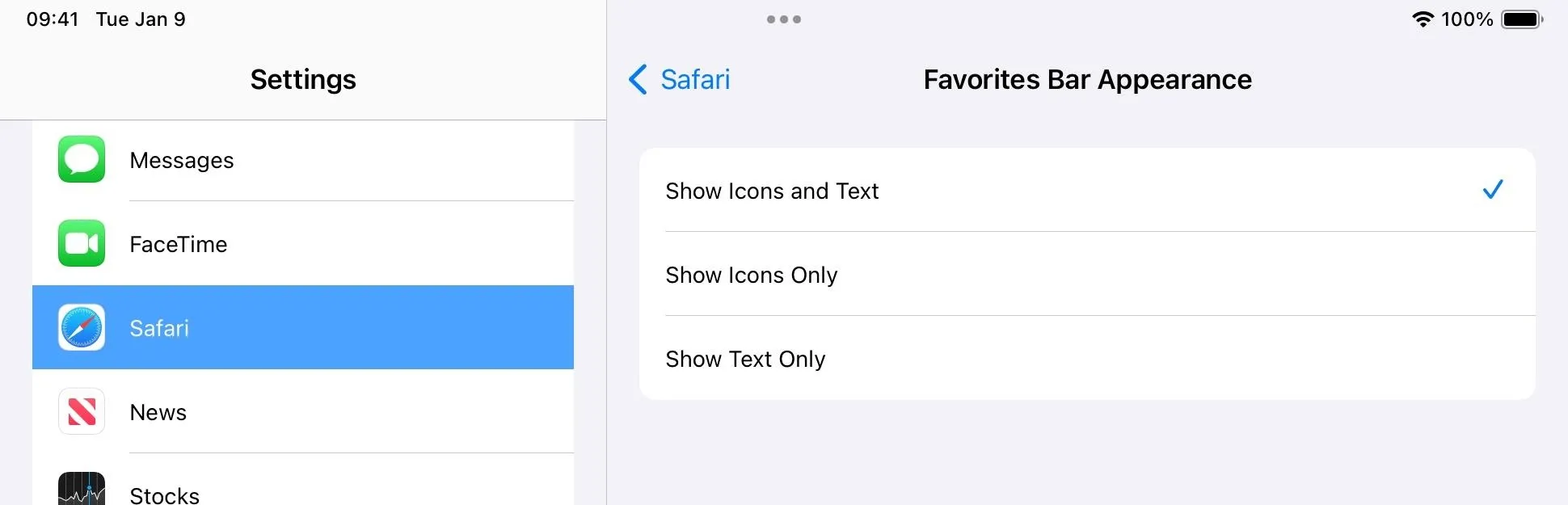 Settings menu on a device showing options for Favorites Bar appearance.