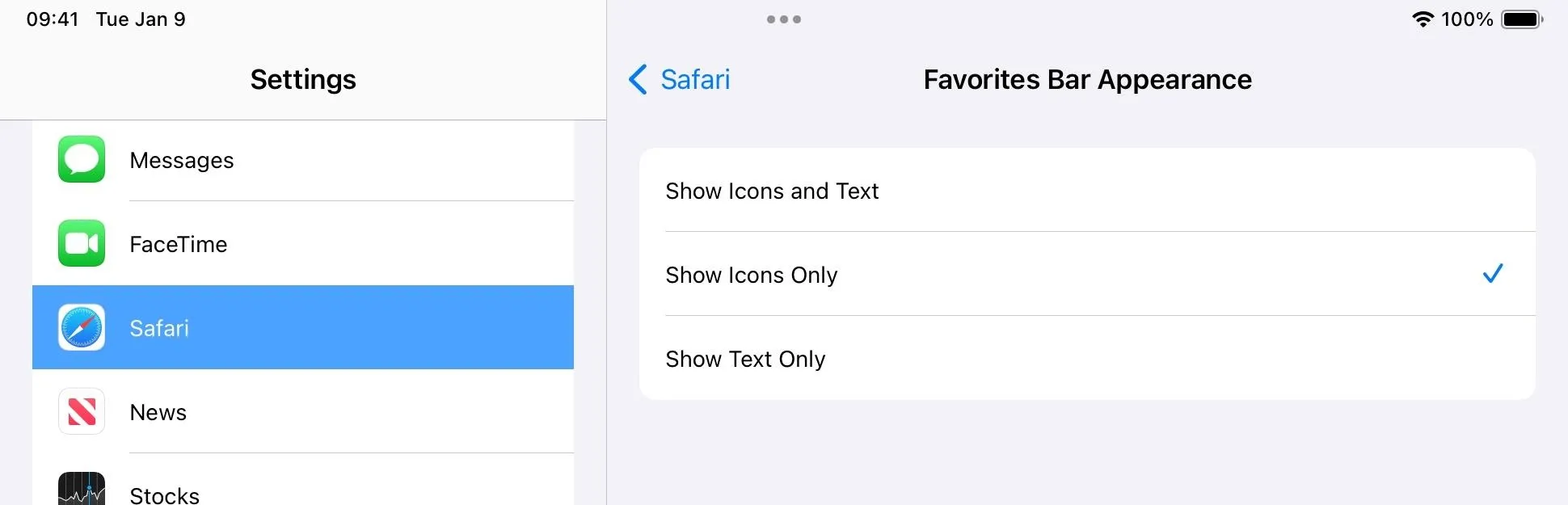 Settings menu on a mobile device showing options for Favorites Bar appearance.