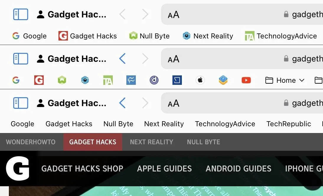 Screenshot of a web browser displaying bookmarks for Gadget Hacks, Null Byte, Next Reality, and TechnologiesAdvice.