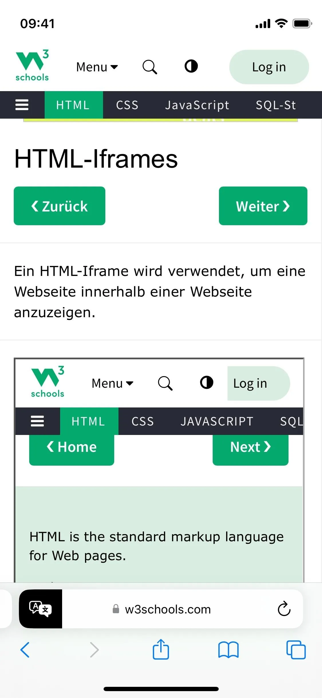 HTML frames example on a mobile screen.