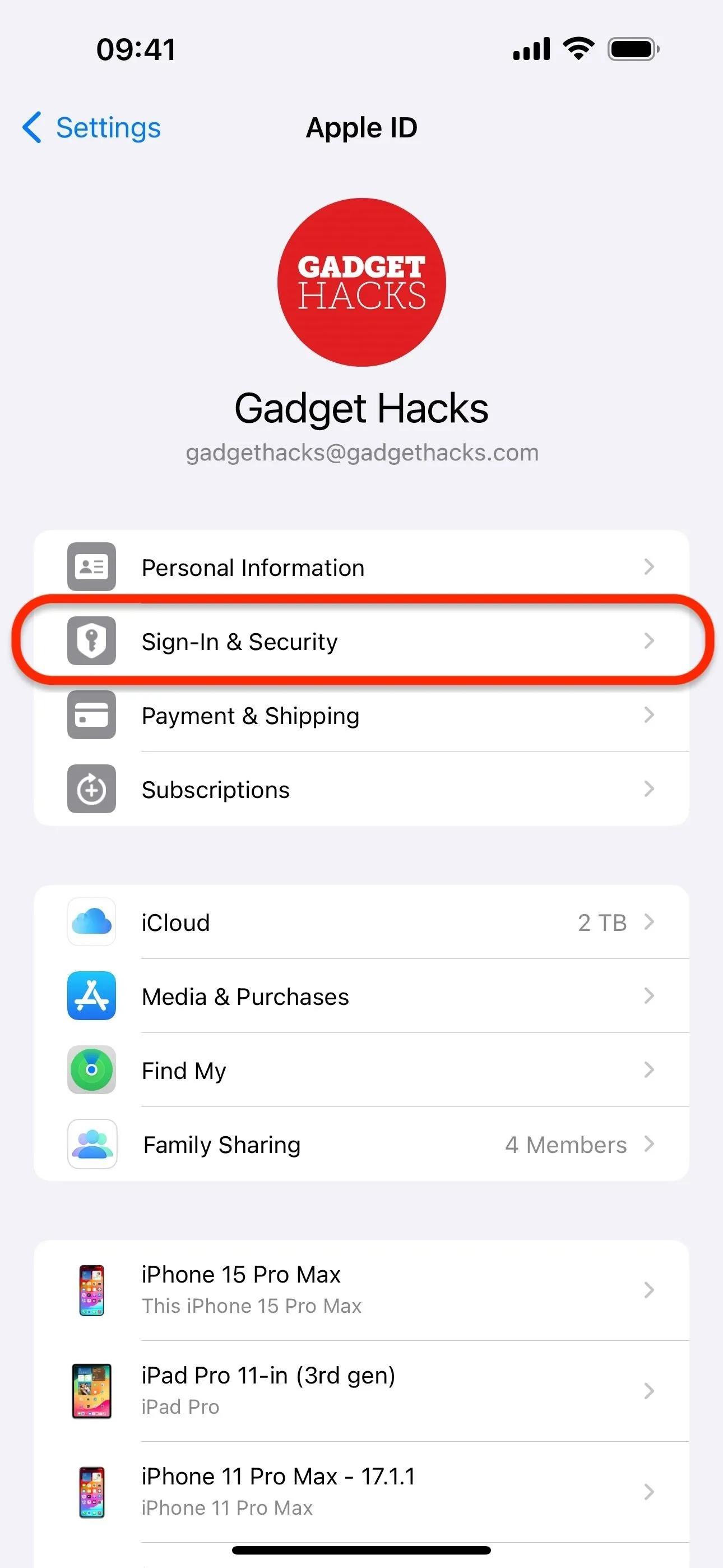 Settings menu on an iPhone displaying the "Sign in & Security" option.